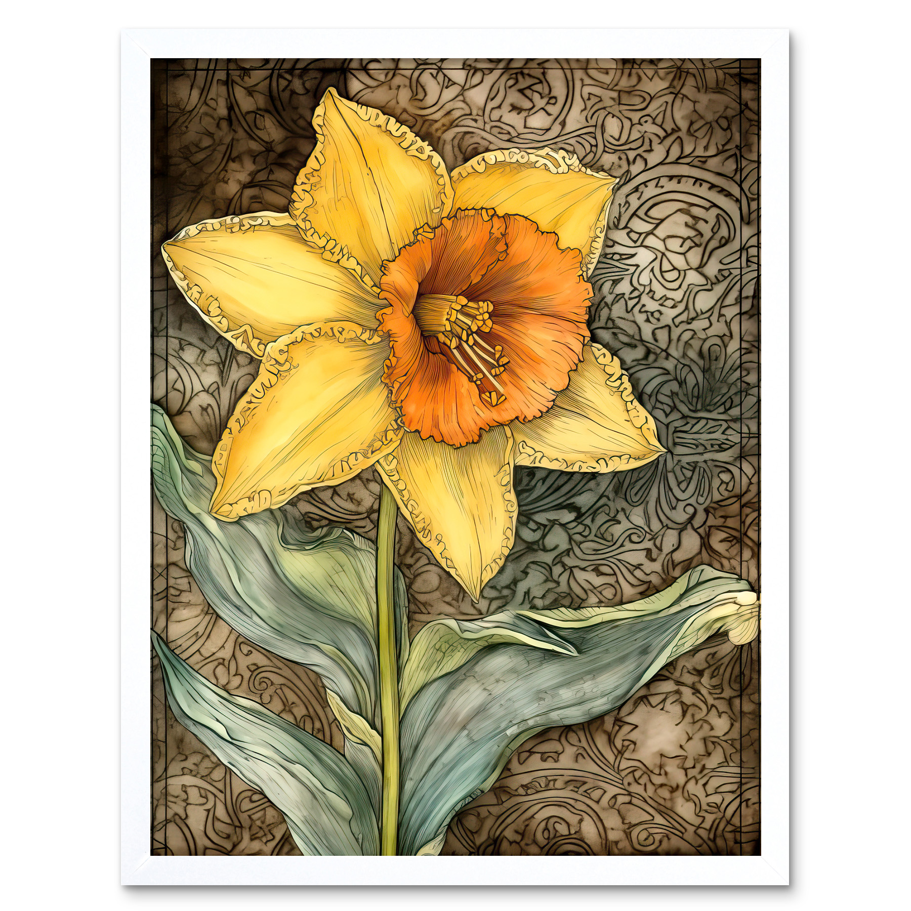 Detailed Daffodil Flower Watercolour Art Nouveau Framed Wall Art