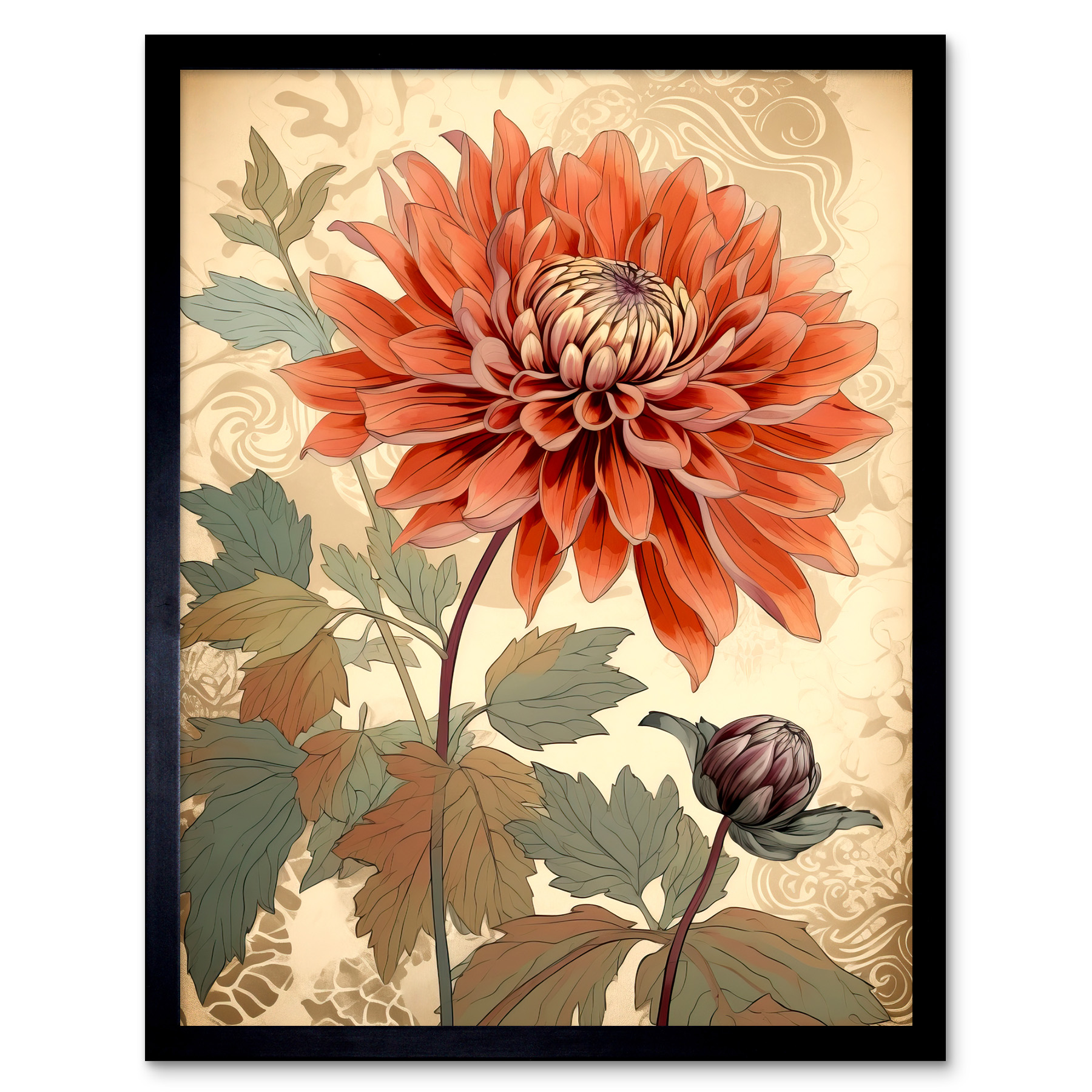 絵画　Dahlia Antique Botanical Print of Dahlia Flower, Framed - Bardith, Ltd.