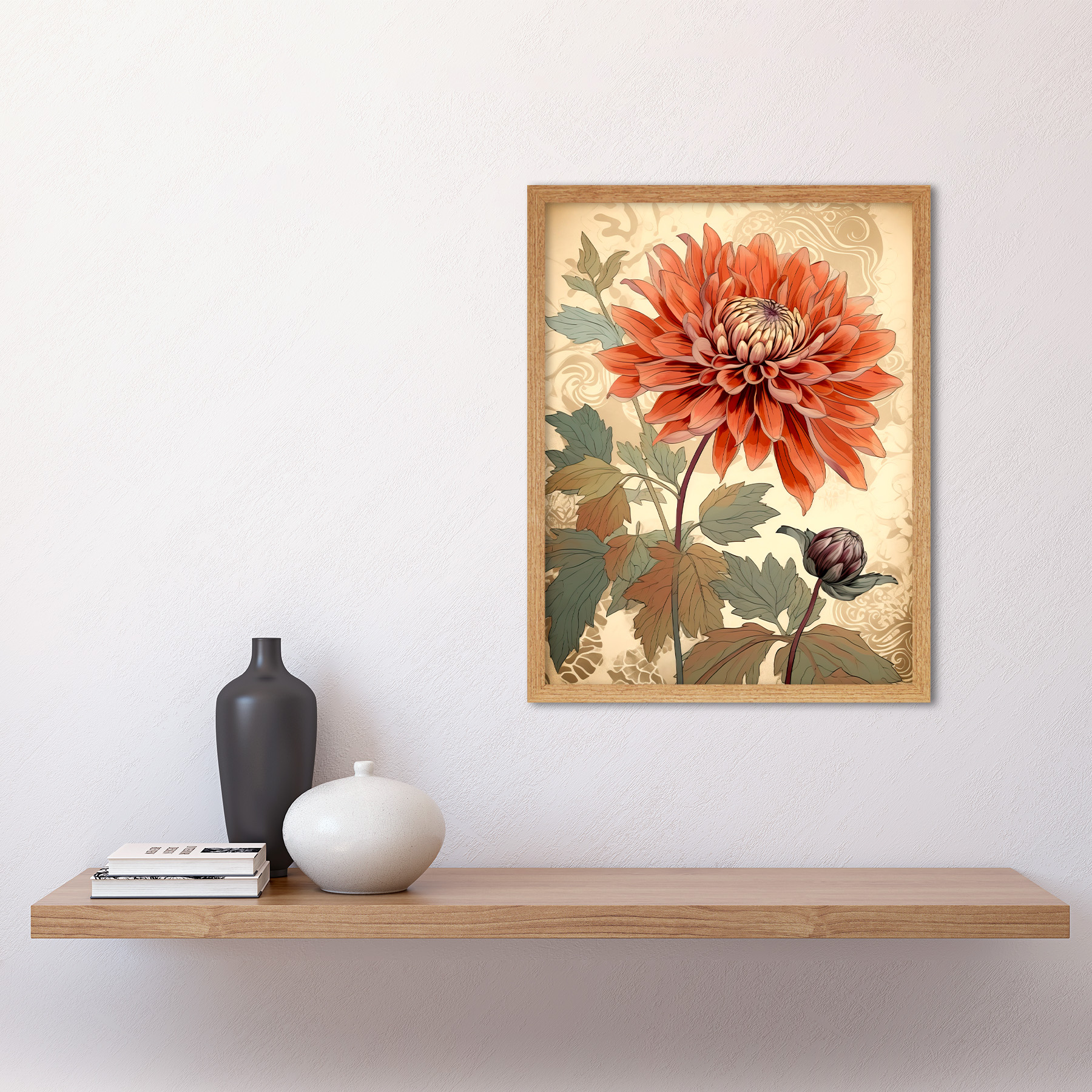 Pastel Colour Orange Dahlia Flower with Patterns Framed Wall