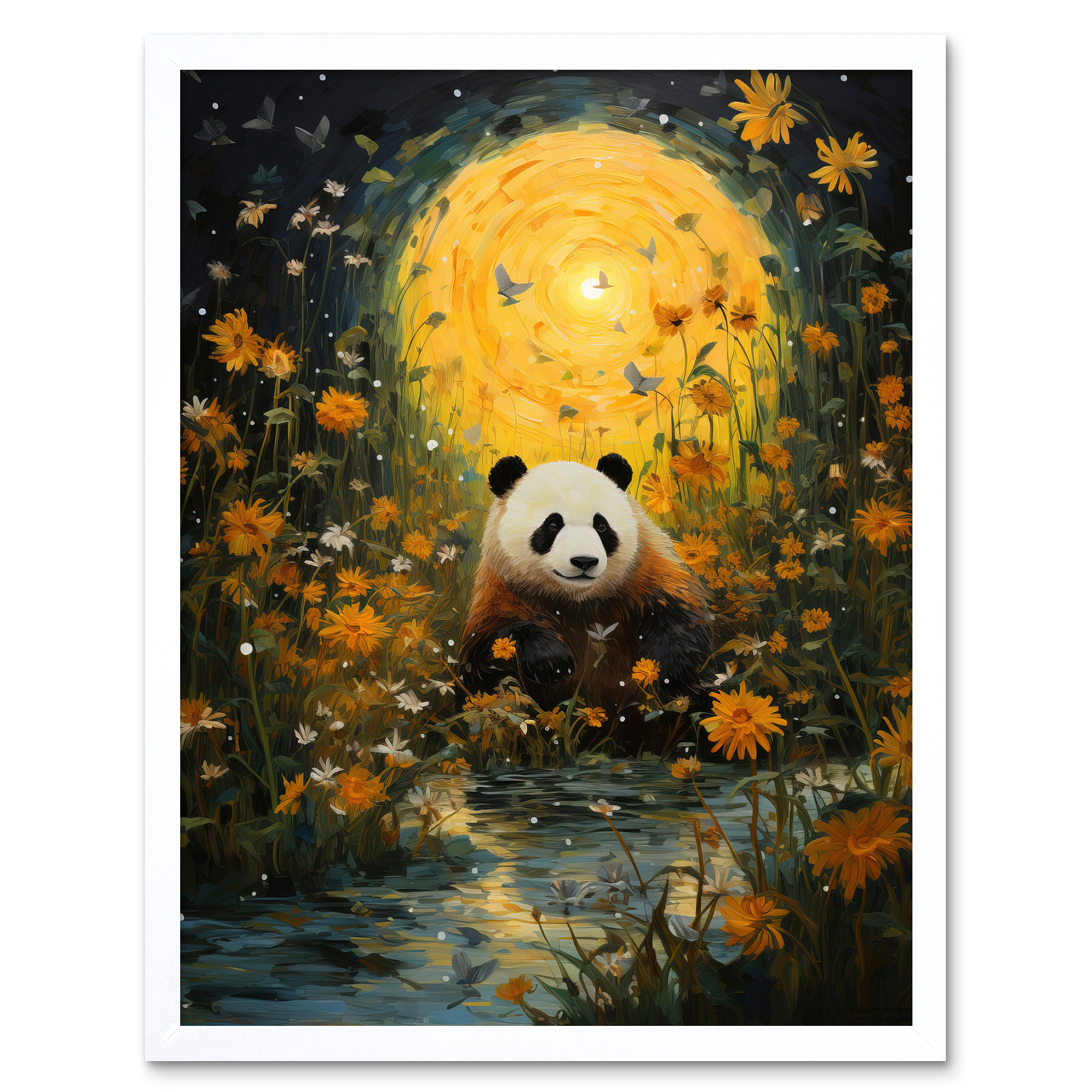 Harvest Moon Panda Landscape Painting Wildflower Meadow Framed Art Picture 12x16