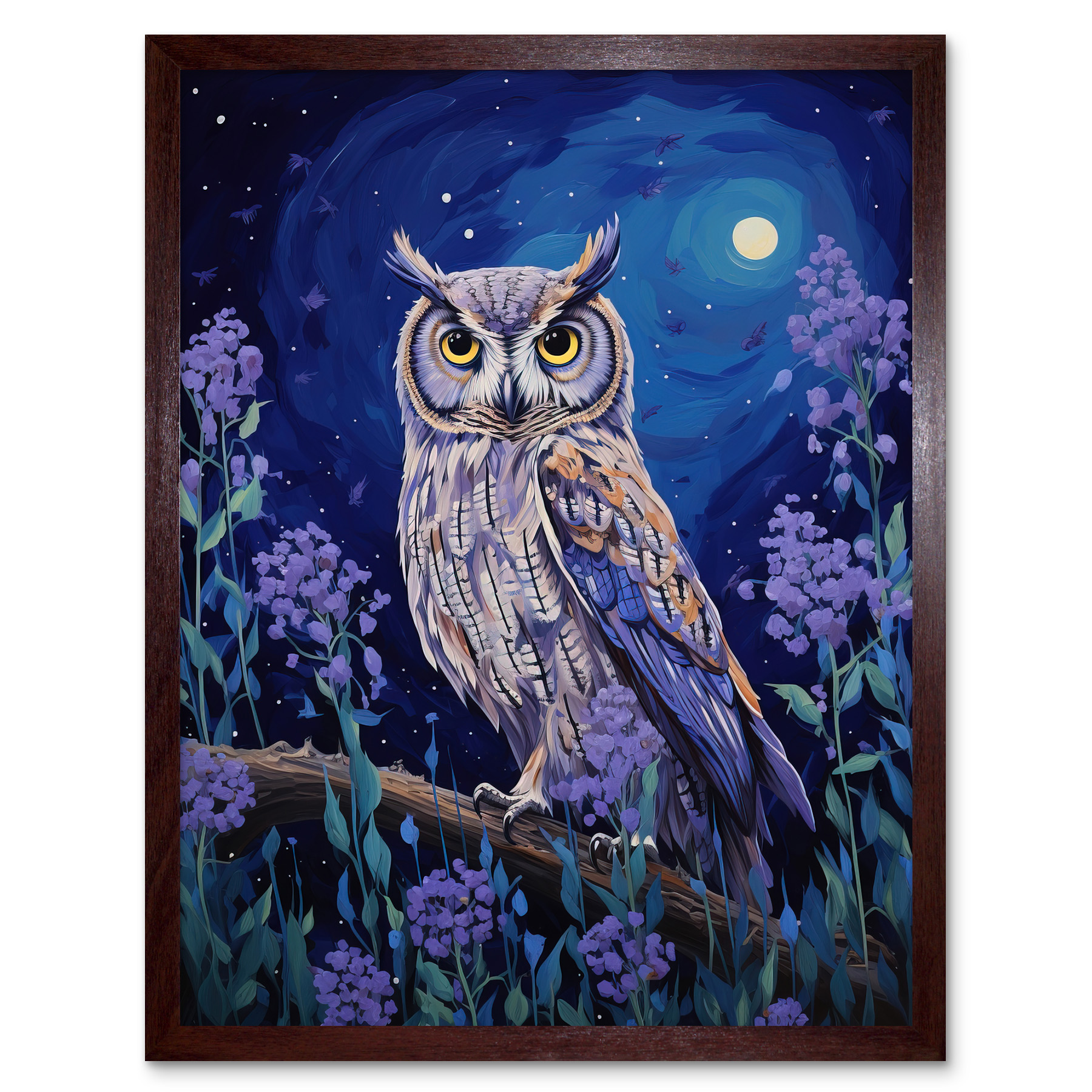 Great Horned Owl in Lavender Field Full Moon Night Framed Wall Art Picture 12x16