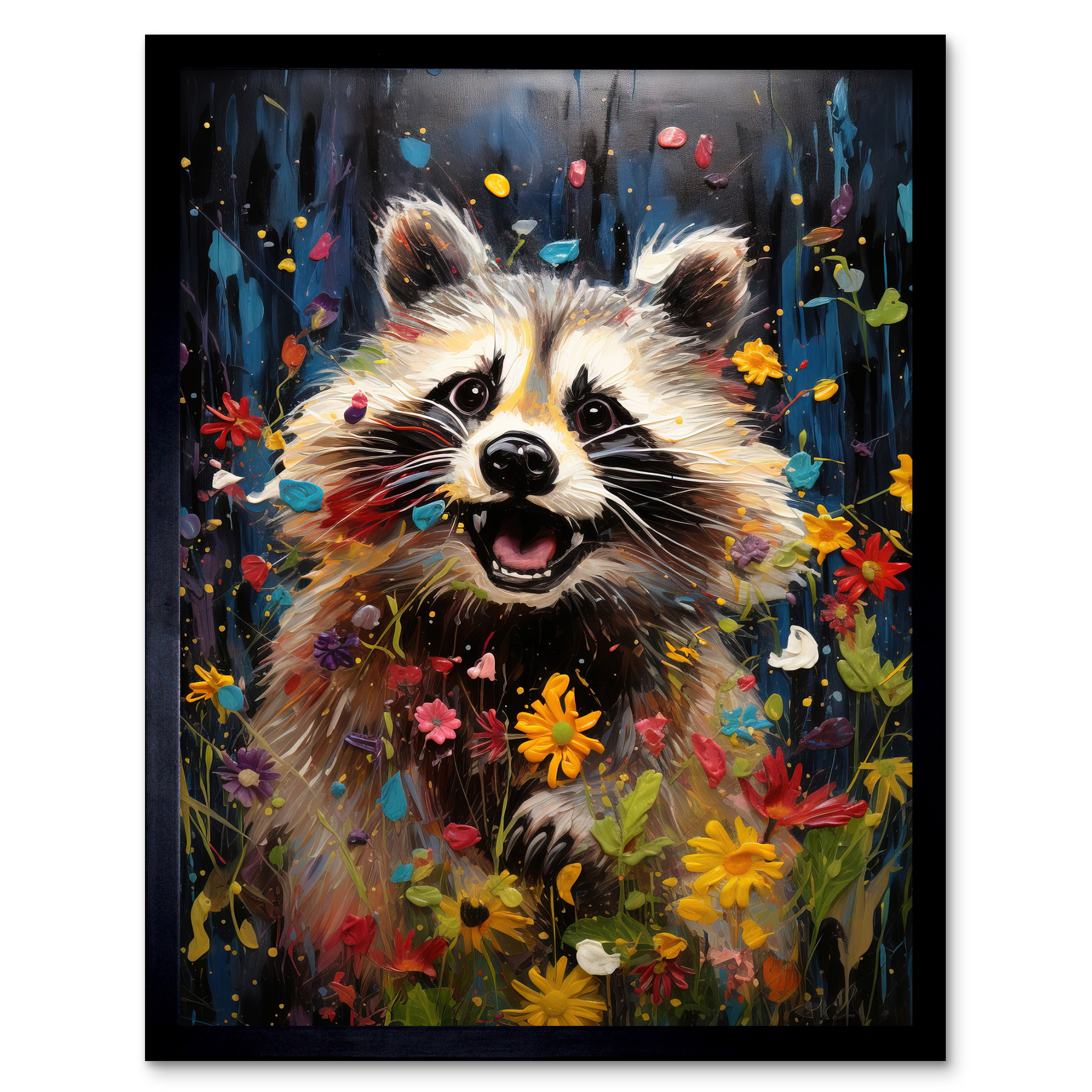 Racoon Romp Playing in a Wildflower Meadow Quirky Portrait Framed Art 12x16