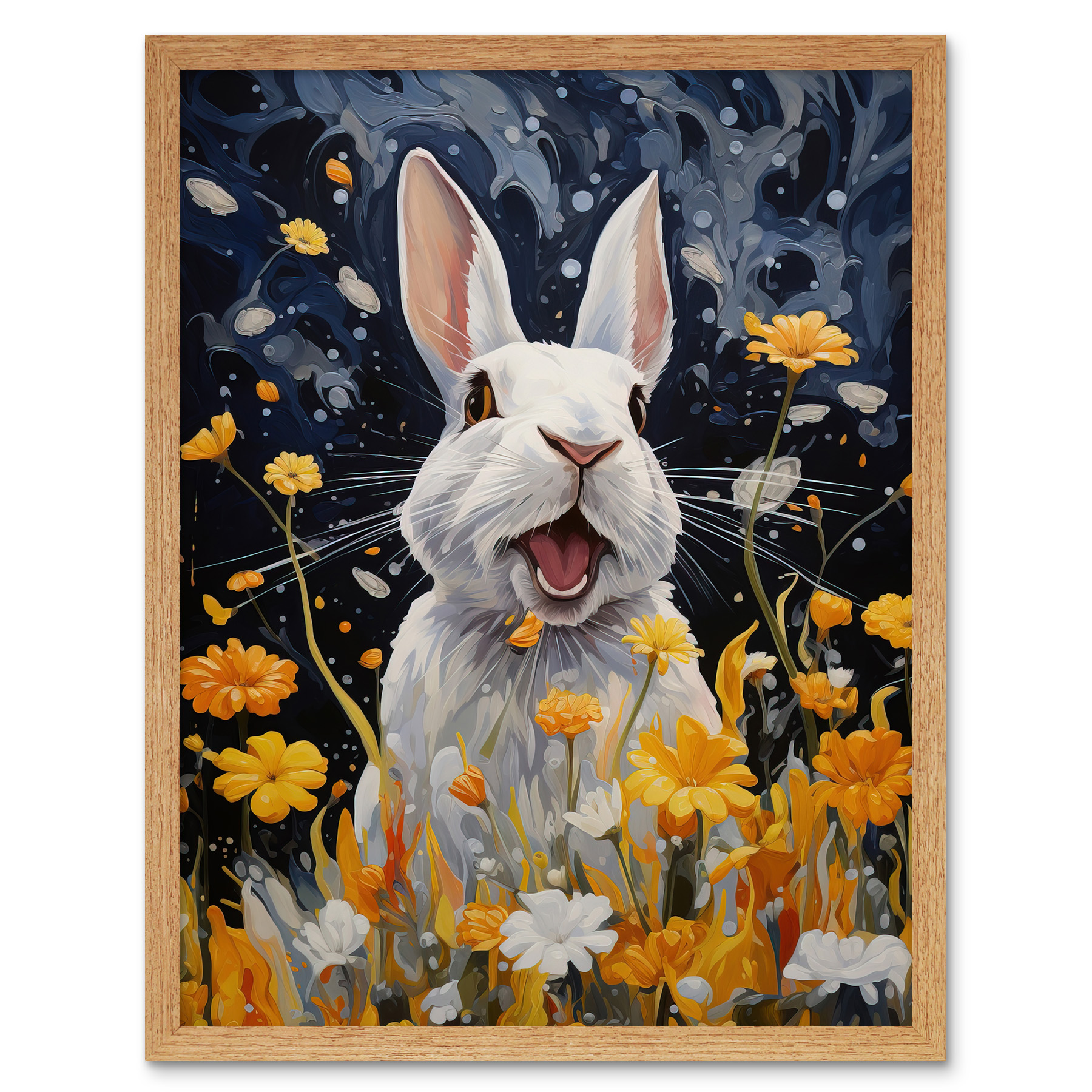 Moonlit White Rabbit Painting Playing with Yellow Flowers Framed Wall Art 12x16