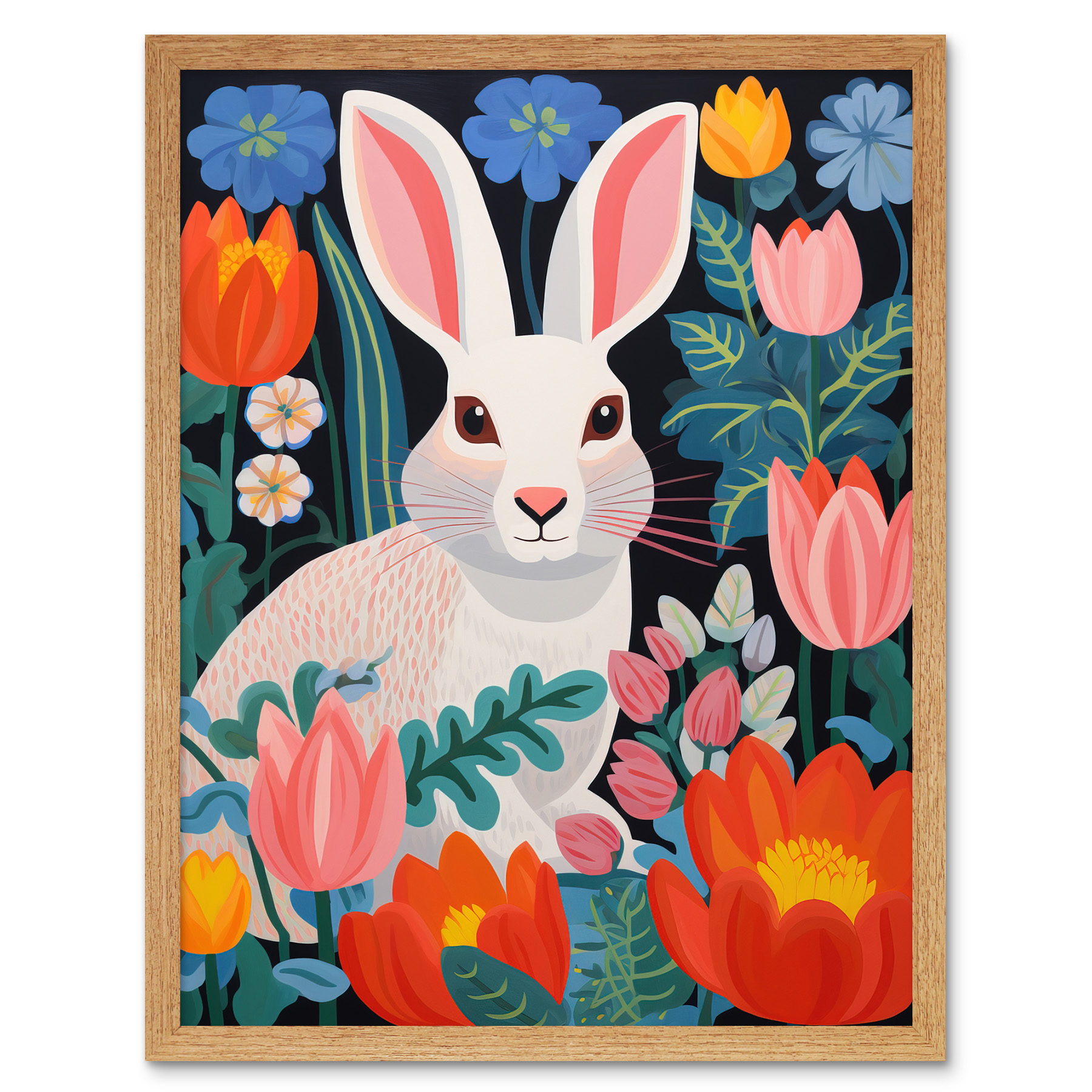 Bunny Rabbit Colourful Bold Vibrant Flowers Kids Bedroom Framed Wall Art 12x16