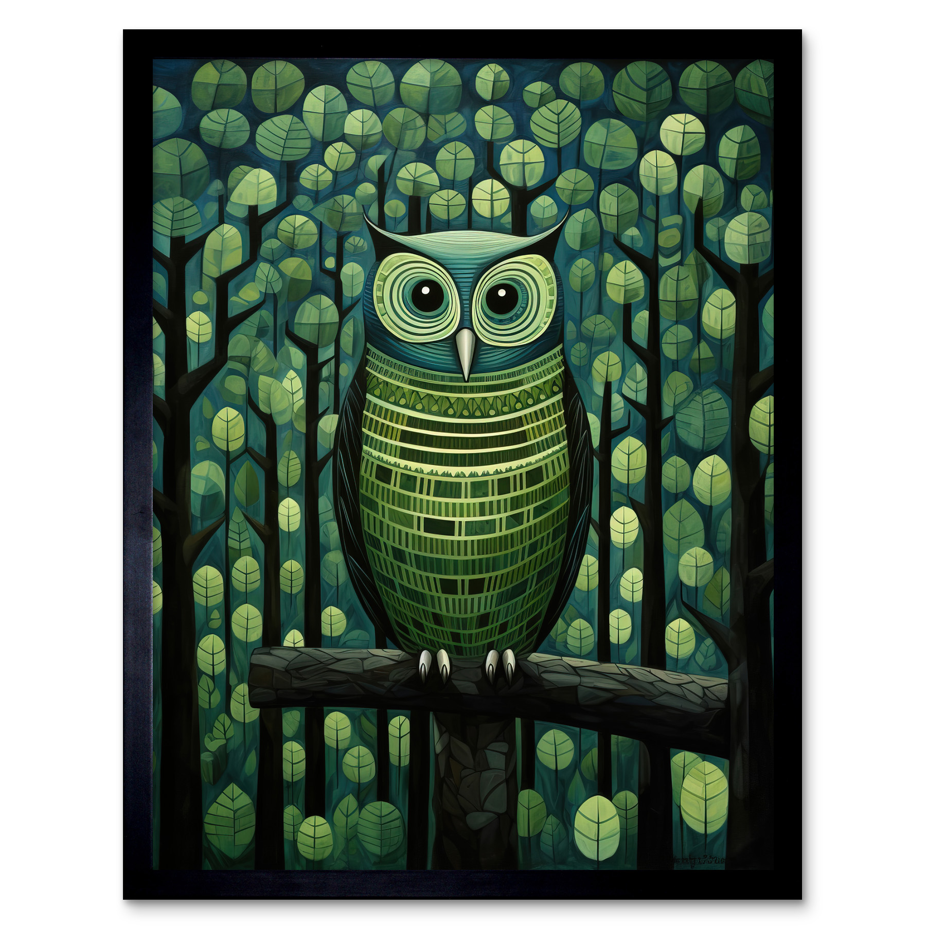 Sage Green Owl Illustration Perched Geometric Forest Night Framed Wall Art 12x16