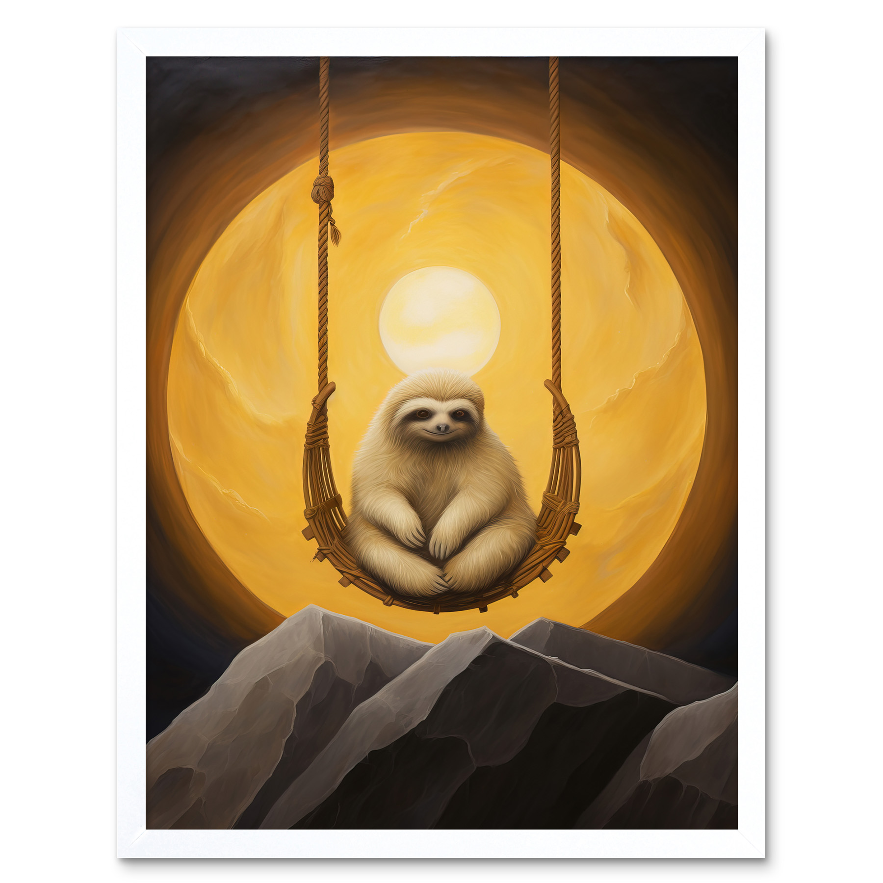 The Lazy Overlord Sloth at Full Moon Abstract Painting Framed Art Picture 12x16