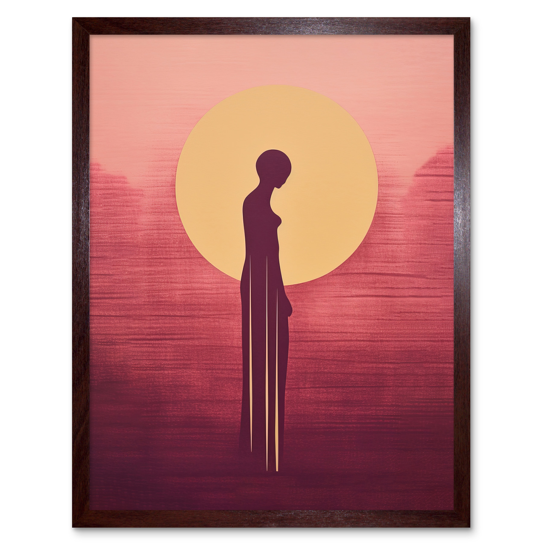 Sunrise Solitude Minimalist African Woman Golden Sun Halo Framed Wall Art 12x16