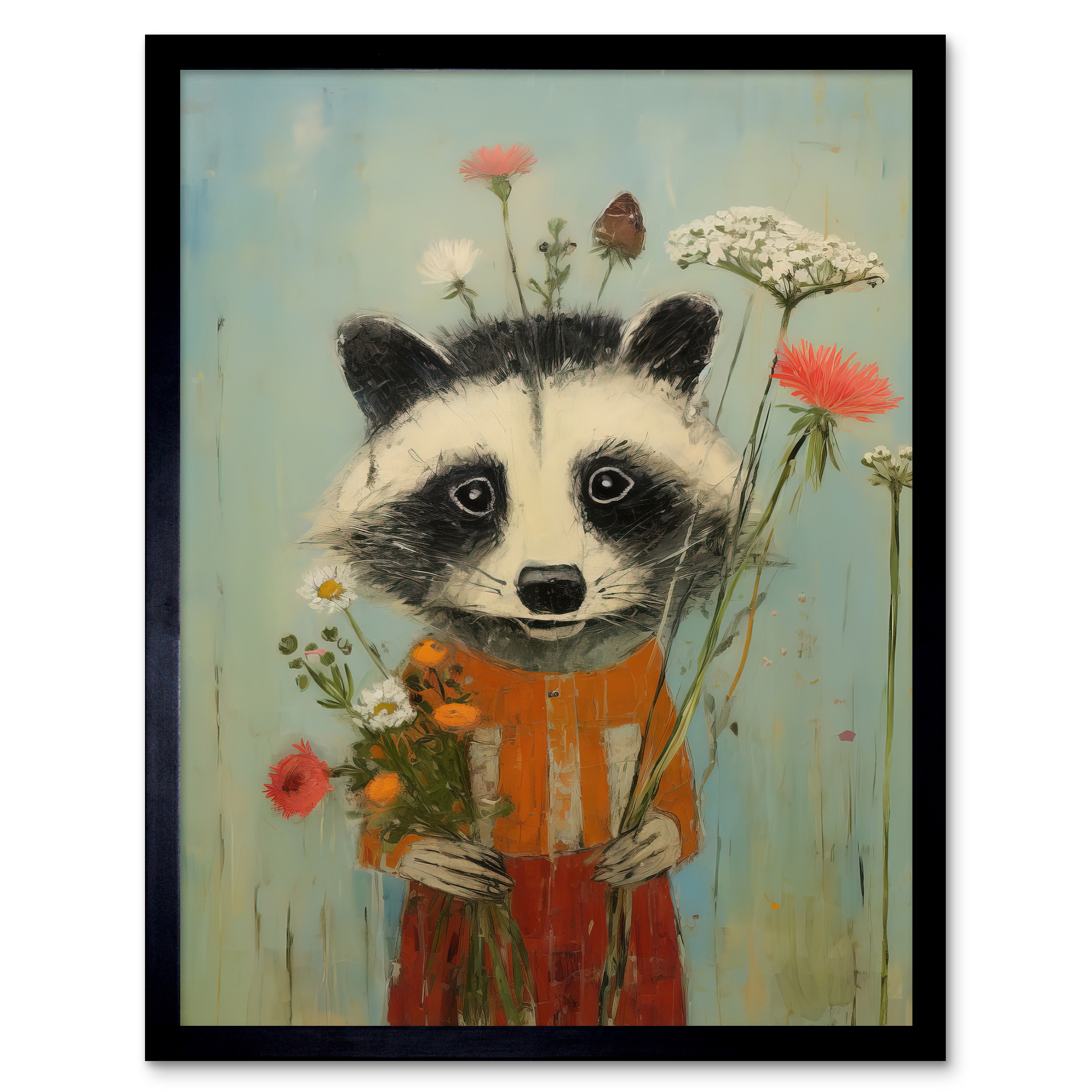 Cute Racoon Picking Wildflowers for a Spring Bouquet Framed Art Picture 12x16