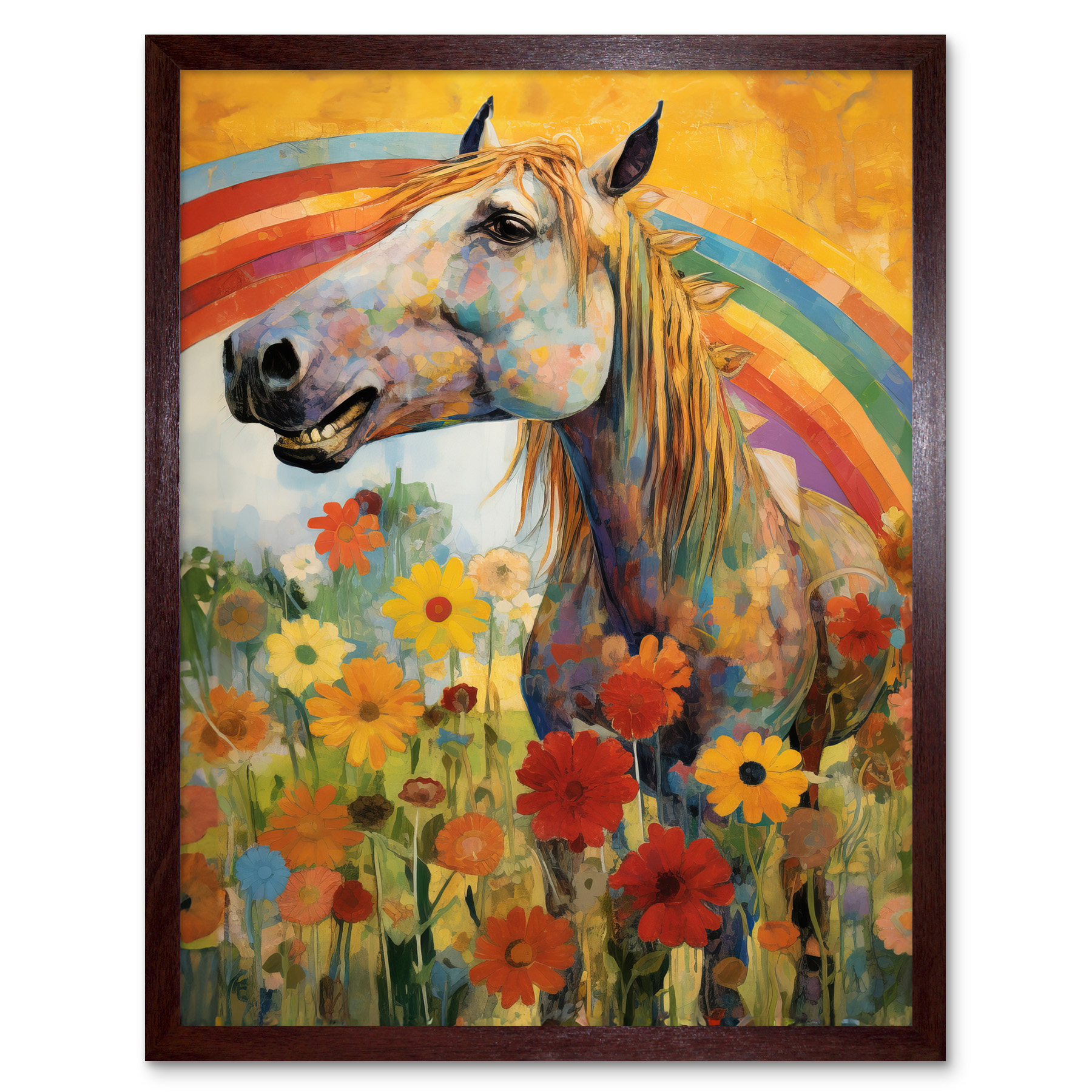 Girls Bedroom Nursery Artwork Rainbow Horse With Flowers Framed Wall Art 12x16