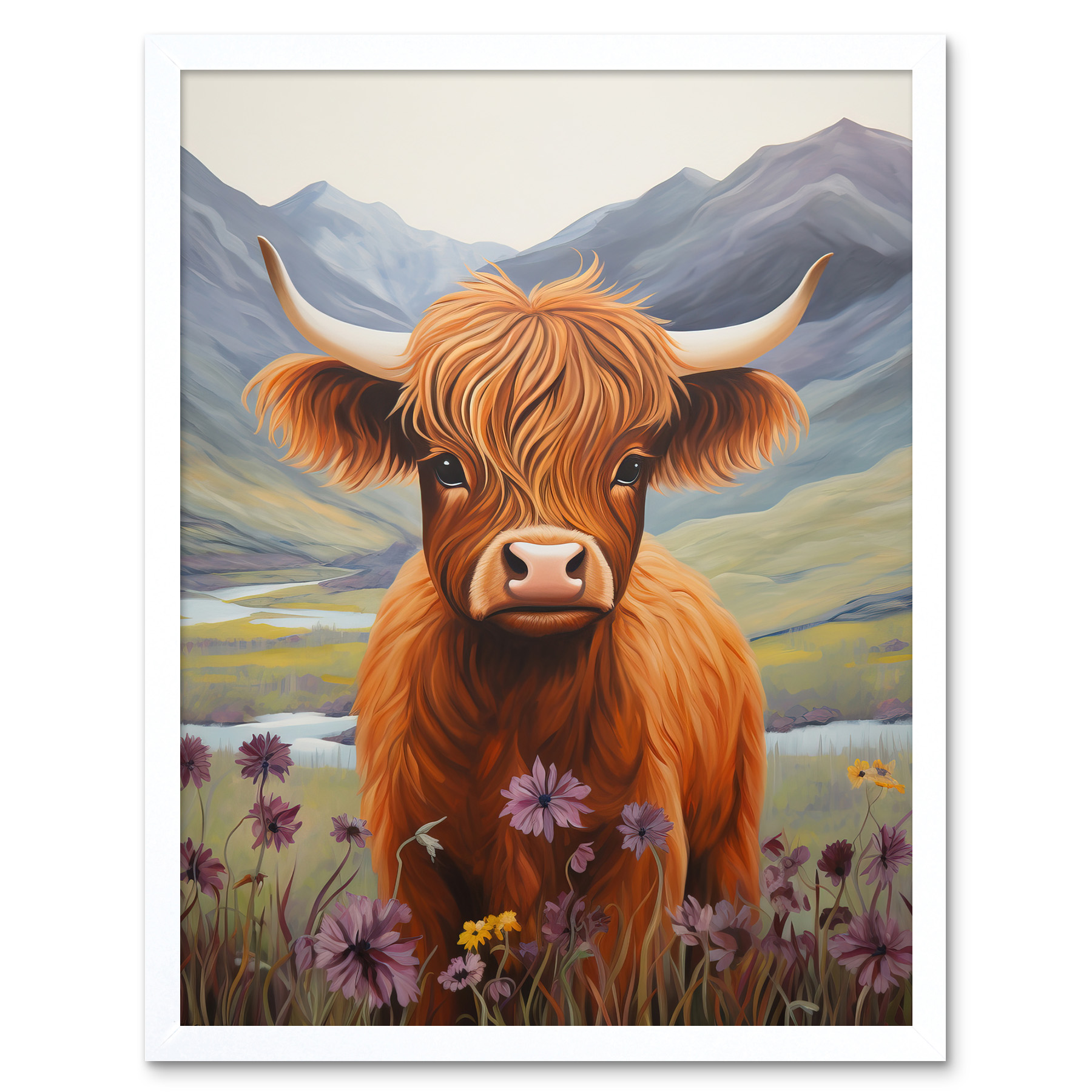Kids Bedroom Nursery Artwork Highland Calf Cow Glen Scotland Framed Art 12x16
