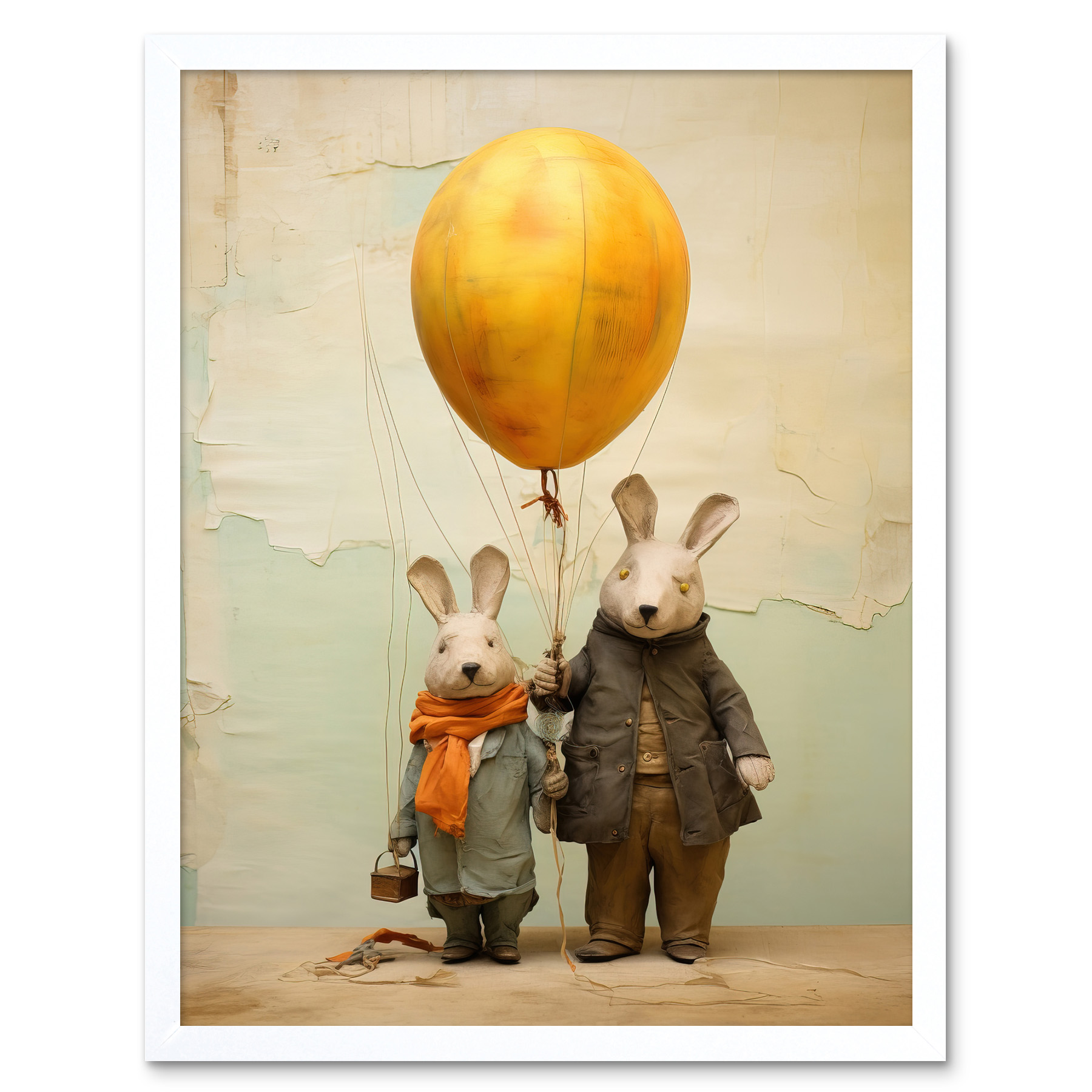 Cute Nursery Artwork Rabbits and Balloon Adventure Painting Framed Art 12x16