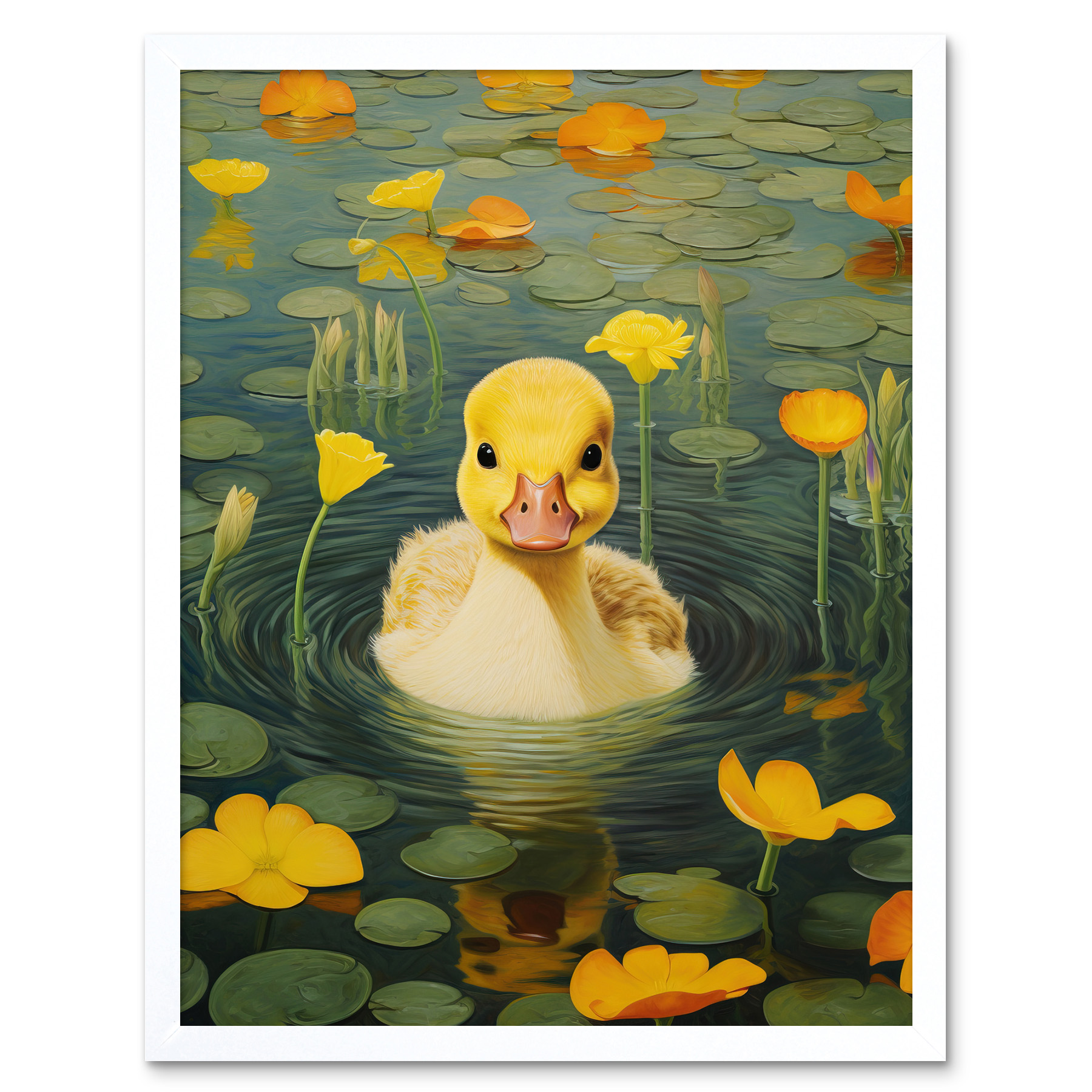 Whirlpool Duckling Lily Pads and Flowers Kids Nursery Framed Art Picture 12x16