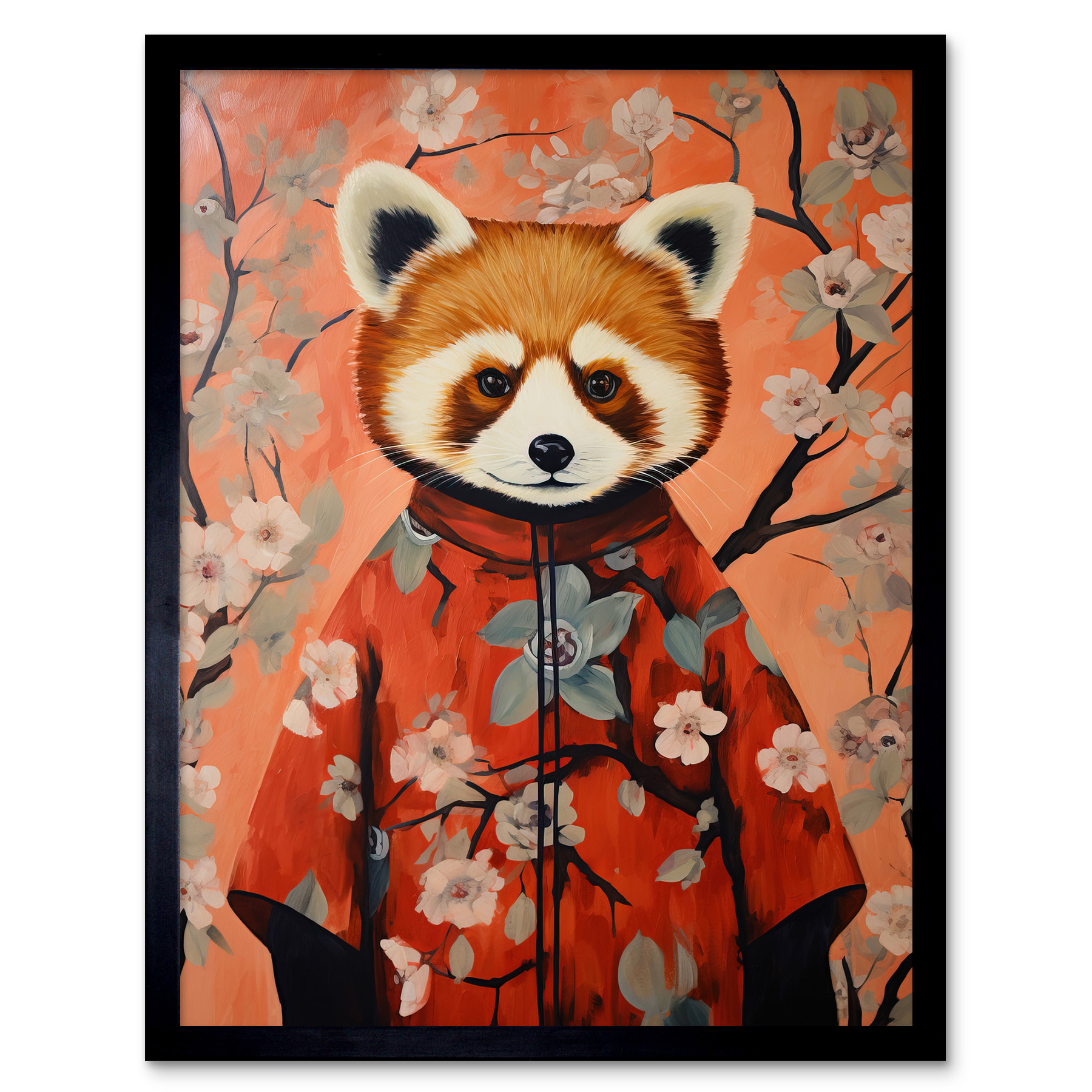 Red Panda in Kimono Cherry Blossom Trees Japan Framed Wall Art Picture 12x16