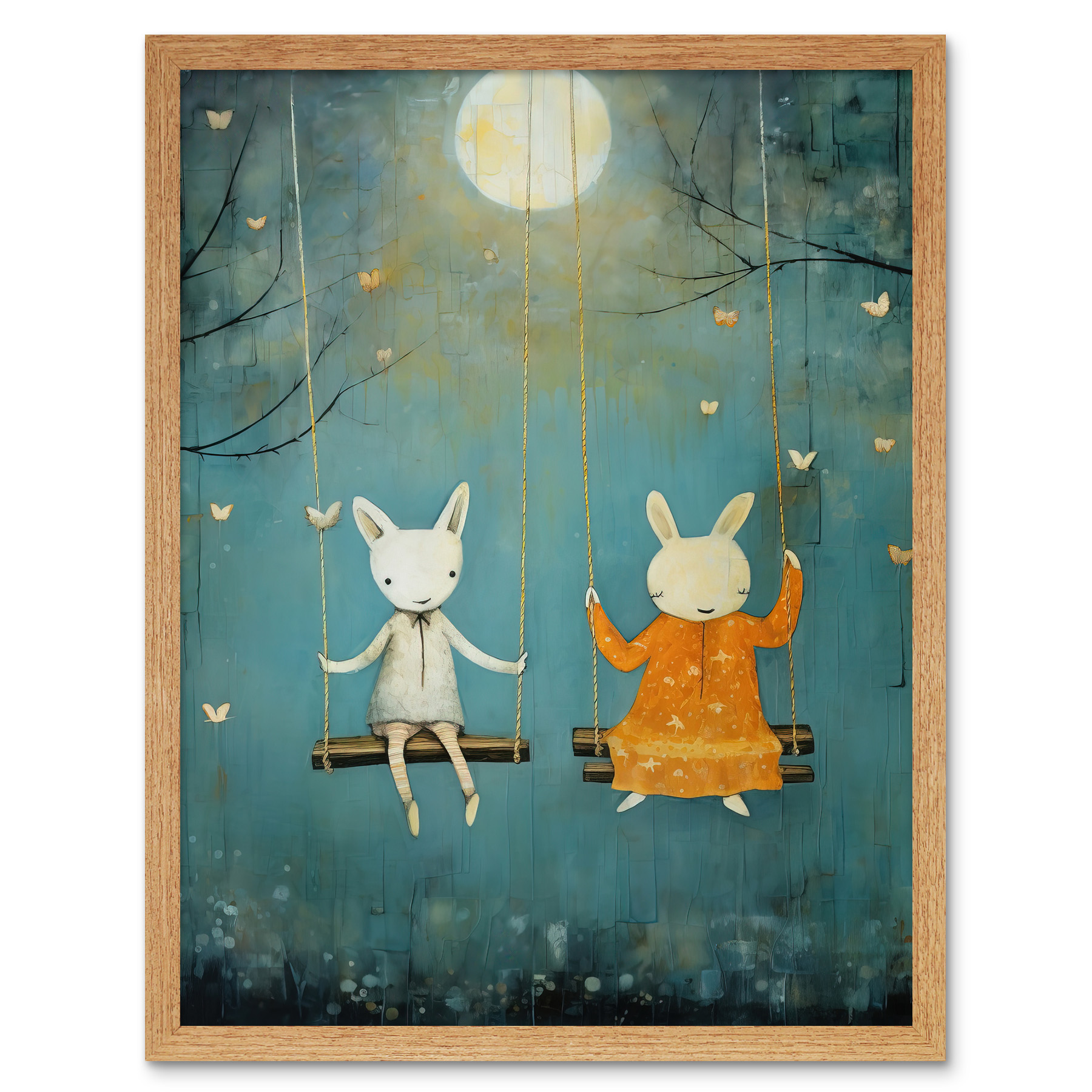 Rabbits on a Swing Moonlit Butterflies Calming Baby Nursery Framed Art 12x16