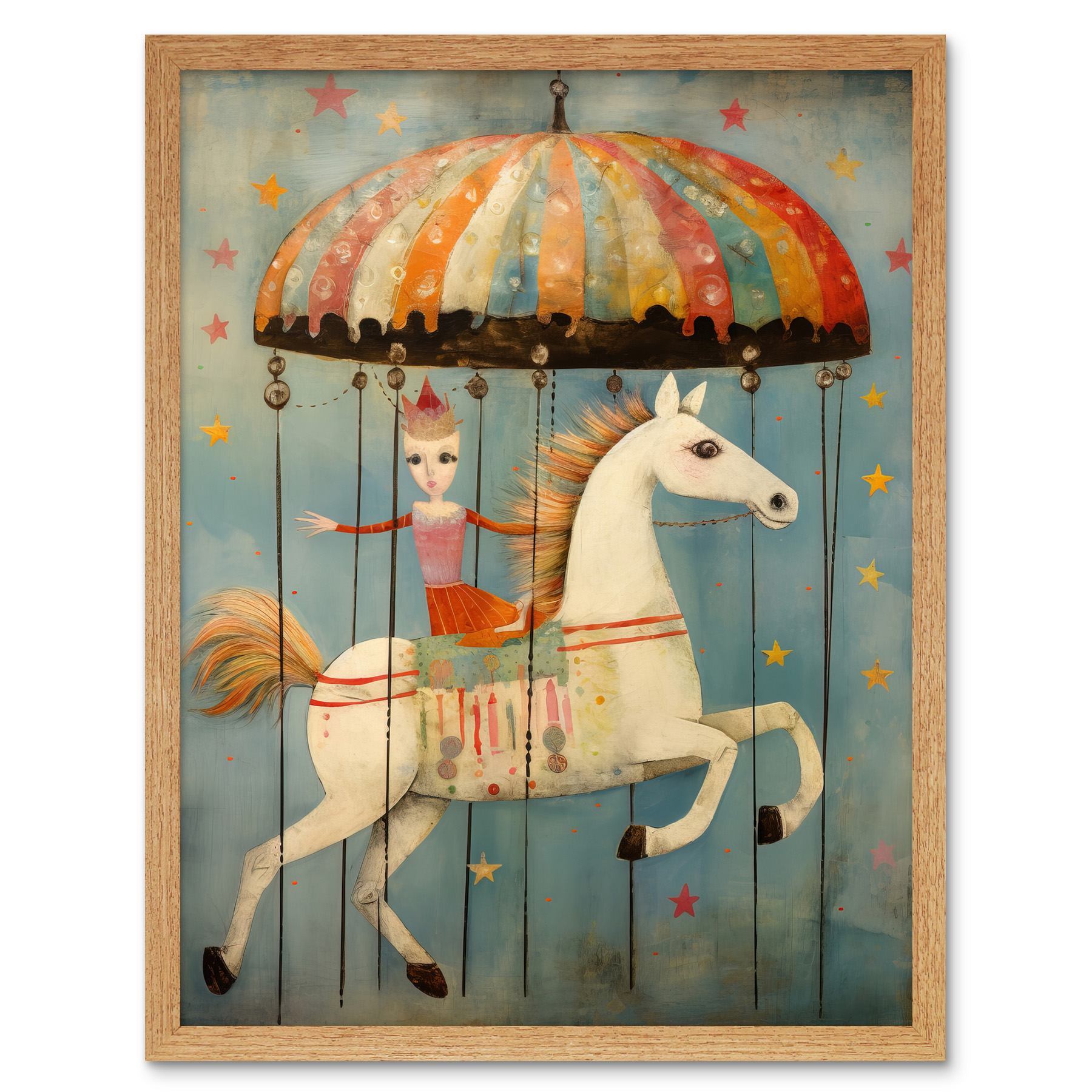 Folk Art Whimsical Carousel Fairground Pastel Horse Framed Art Picture 12x16