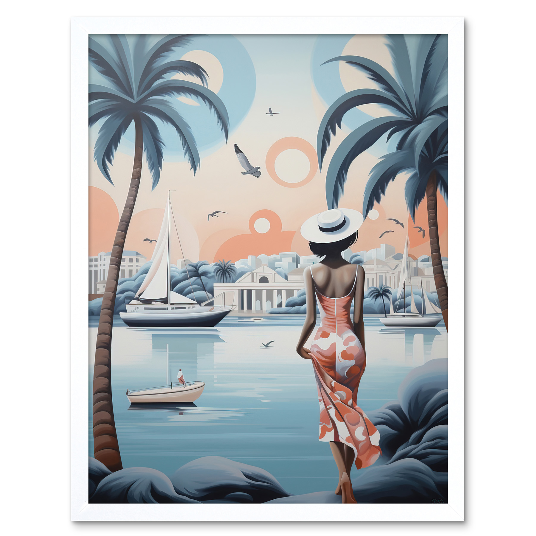 French Riviera Palm Tree Coastline Boats Woman Cote d'Azur Framed Wall Art 12x16