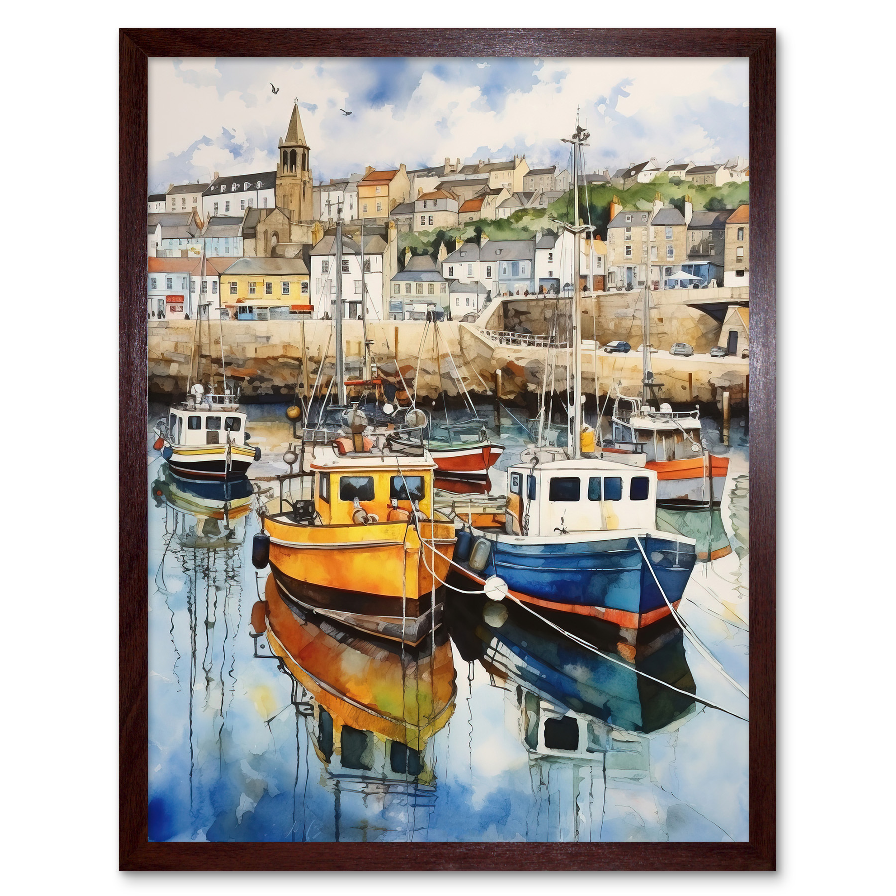 Penzance Harbour Trawler Boats Promenade Watercolour Framed Art Picture 12x16