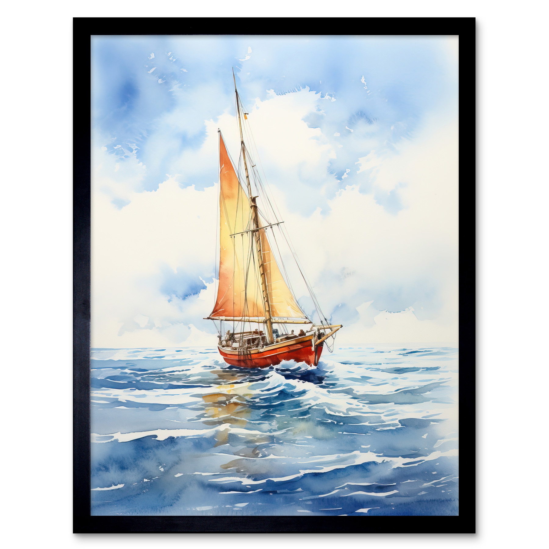 Orange Sailing Boat Watercolour Painting Bathroom Artwork Framed Wall Art 12x16