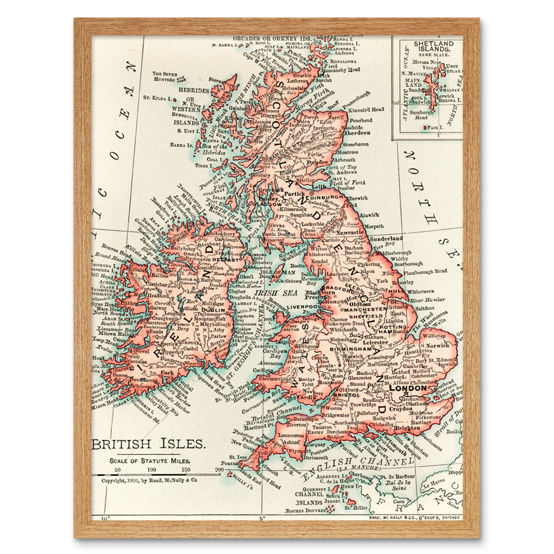 Map Rand McNally 1900 British Isles Ireland UK Chart Wall Art