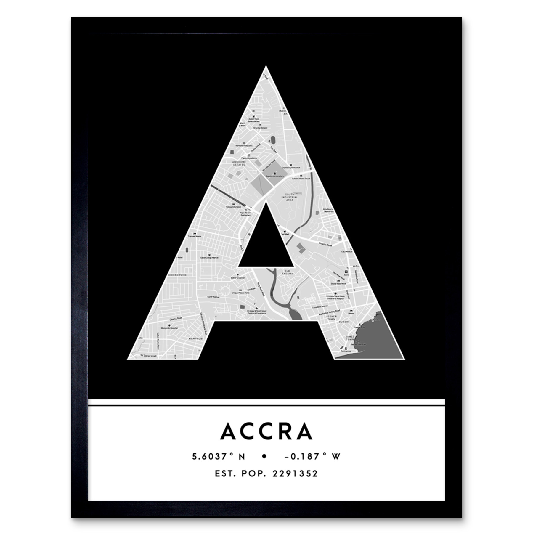 Accra Ghana City Map Typography Framed Wall Art Print 12x16 In