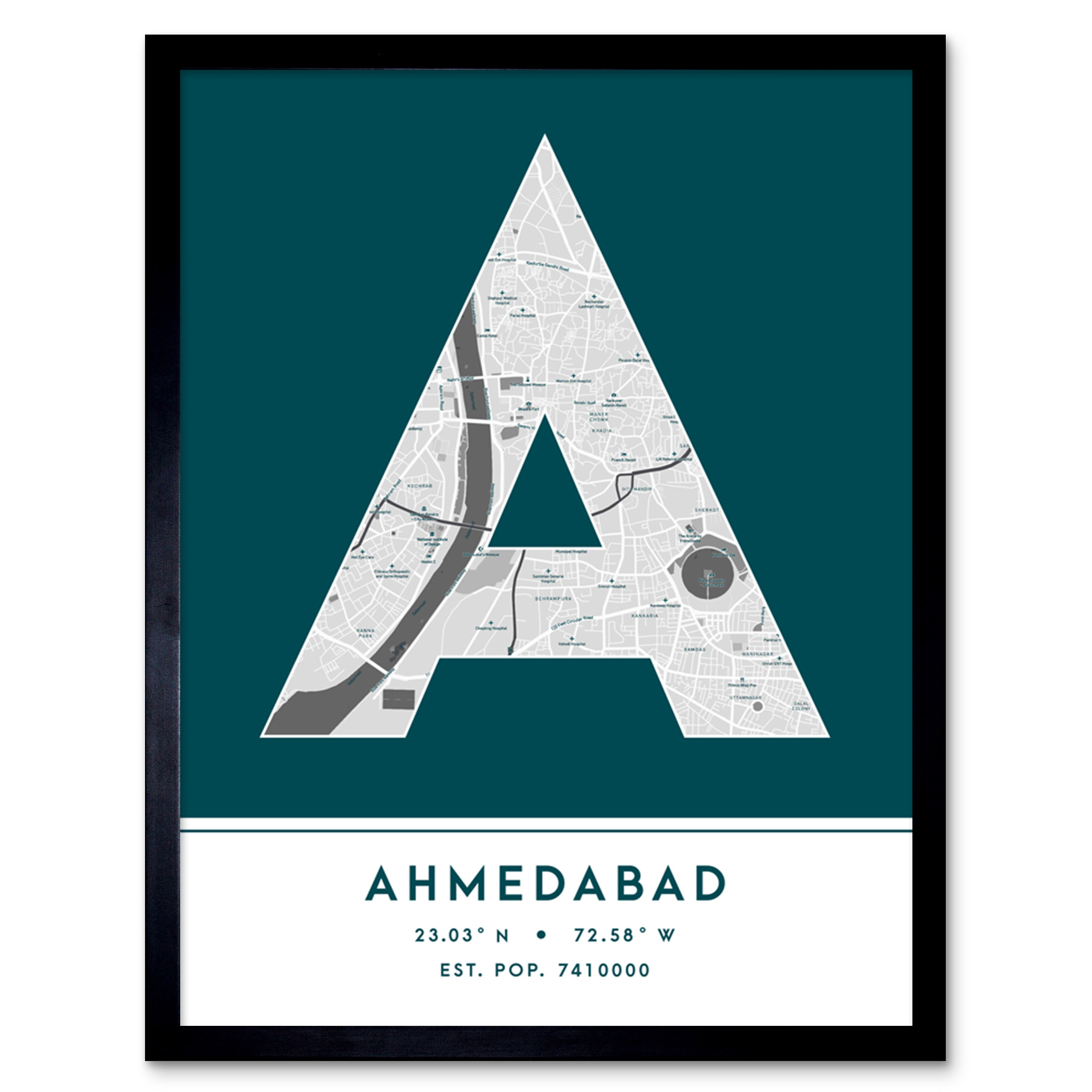 Ahmedabad India City Map Typography Framed Wall Art Print 12x16 In