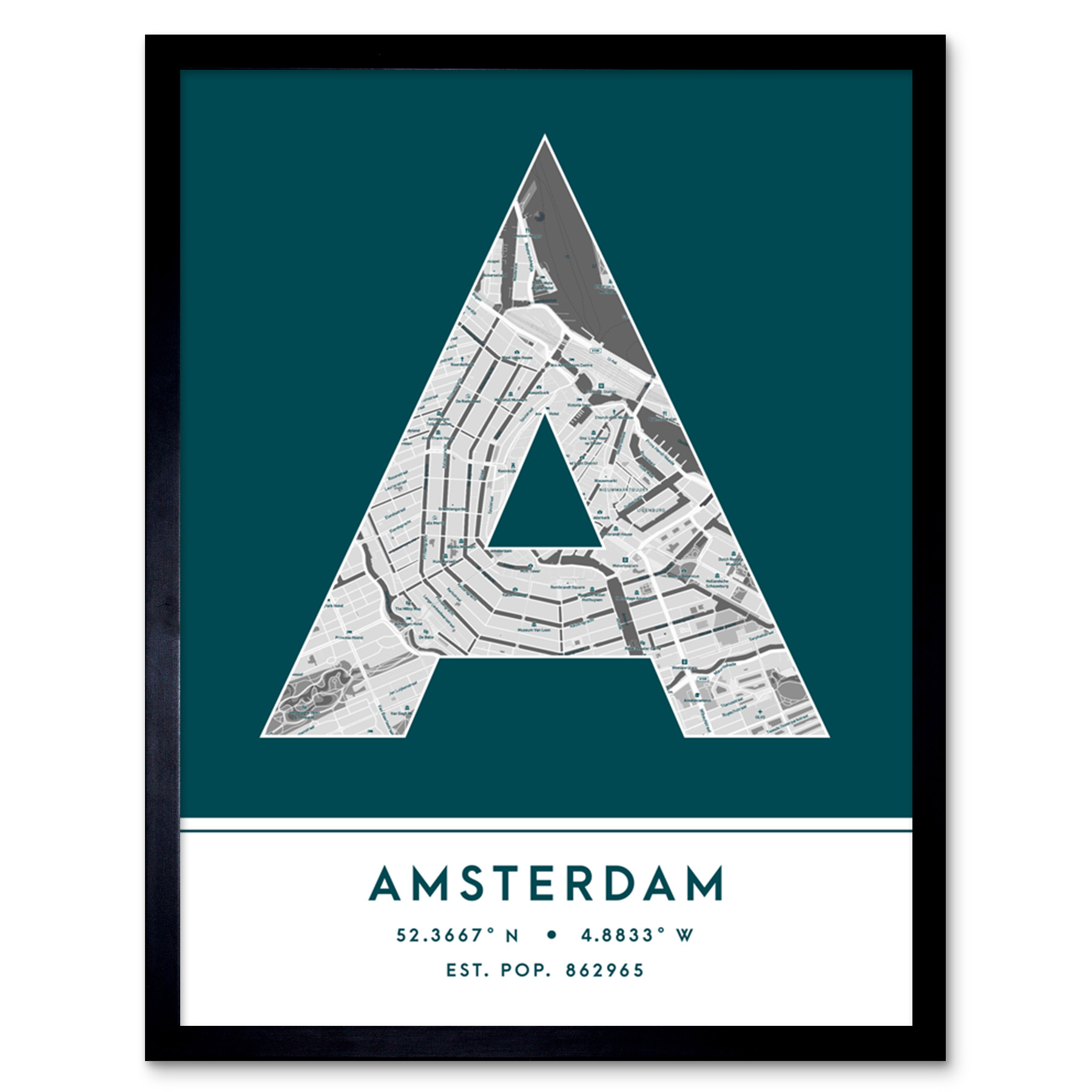 Amsterdam Netherlands City Map Typography Framed Wall Art Print 12x16 In