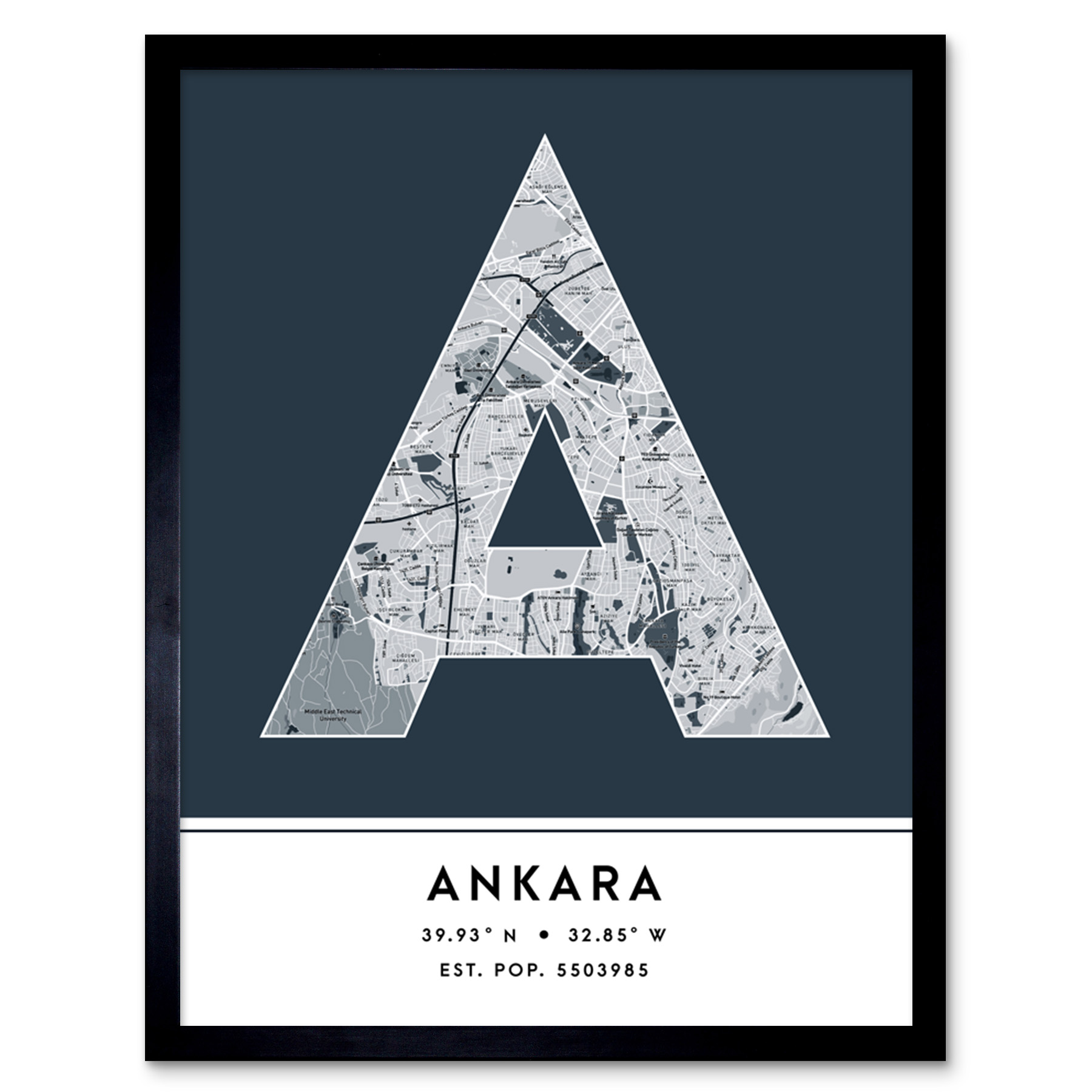 Ankara Turkey City Map Typography Framed Wall Art Print 12x16 In