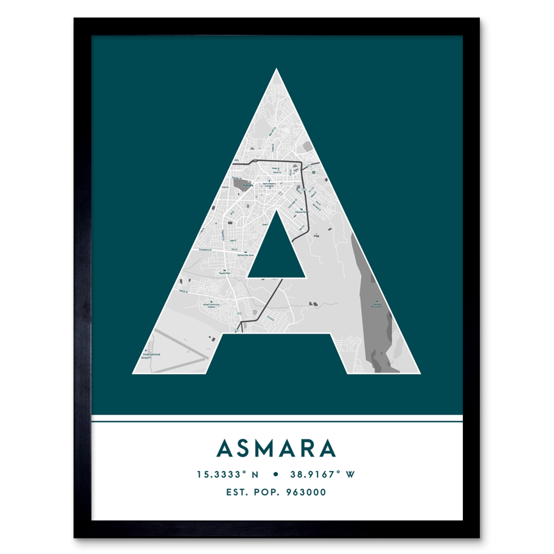 Asmara Eritrea City Map Typography Framed Wall Art Print 12x16 In