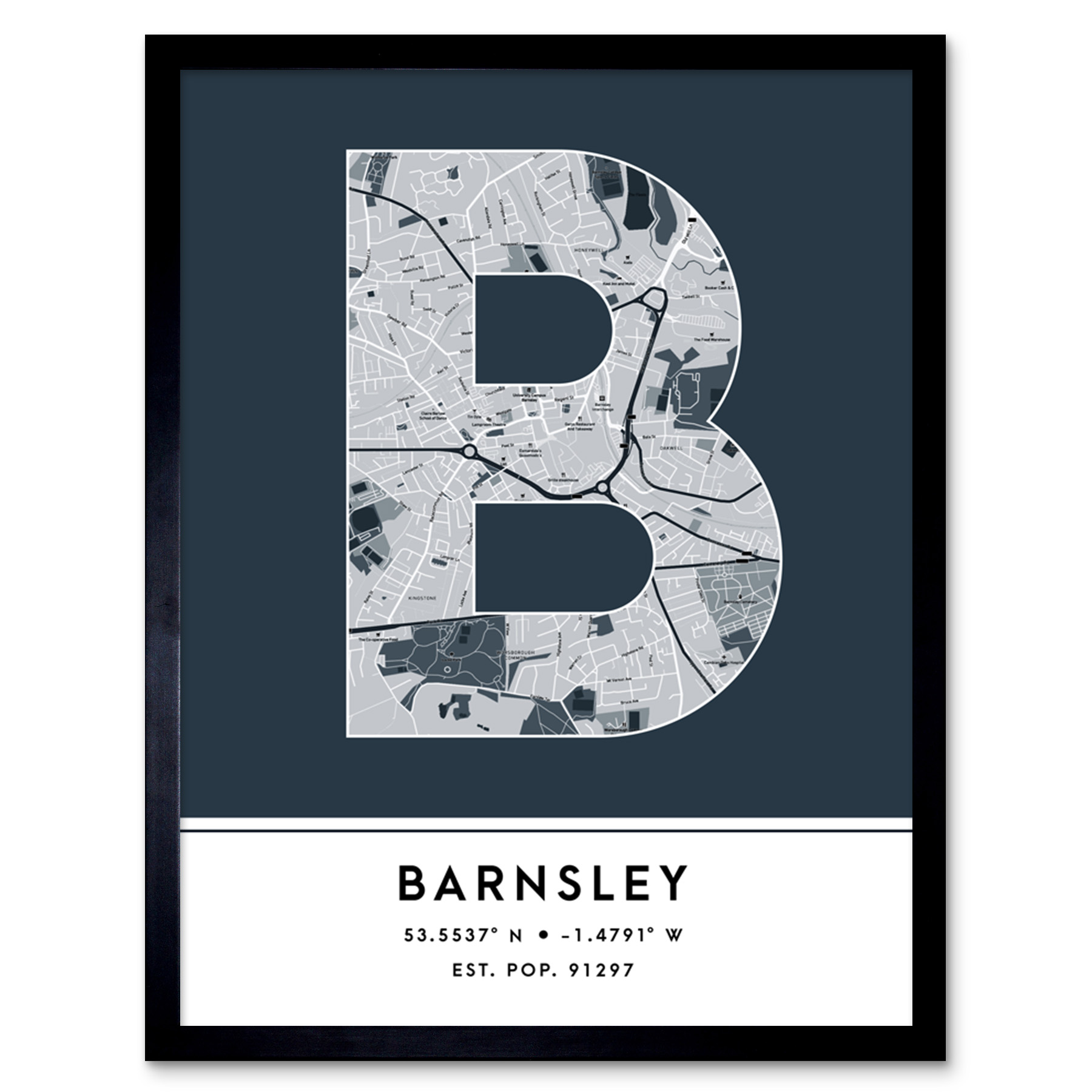 Barnsley England United Kingdom City Map Typography Framed Wall Art Print 12x16