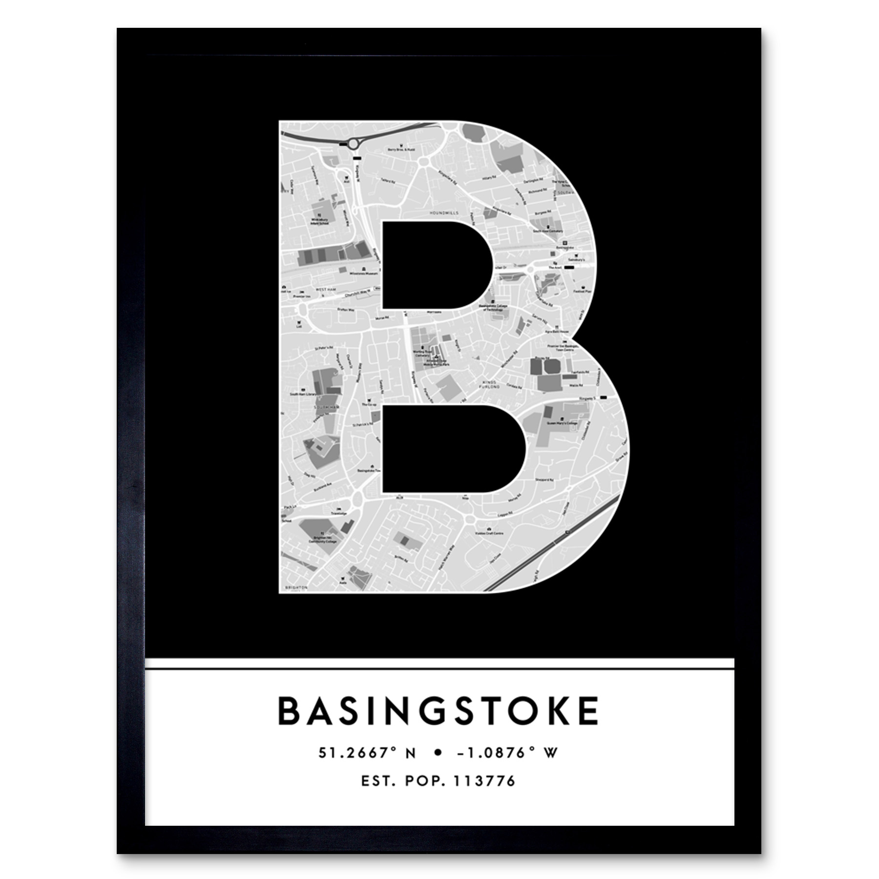 Basingstoke England United Kingdom City Map Typography Framed Art Print 12x16 In