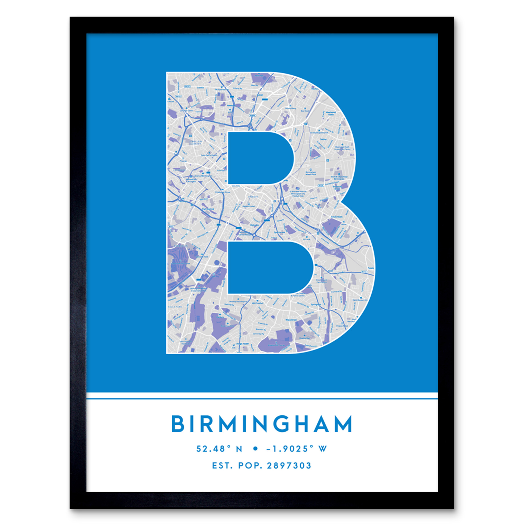Birmingham England United Kingdom City Map Typography Framed Art Print 12x16 In