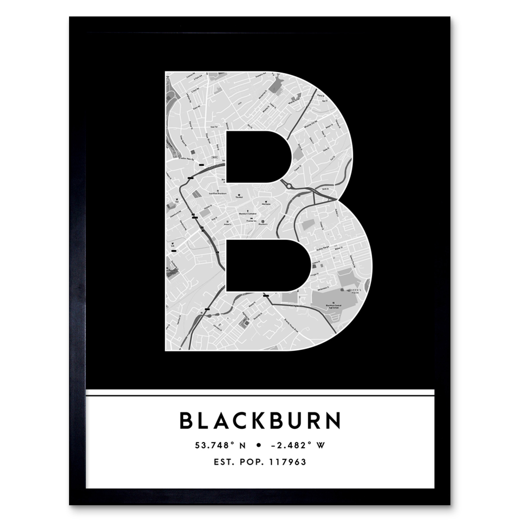 Blackburn England United Kingdom City Map Typography Framed Wall Art Print 12x16