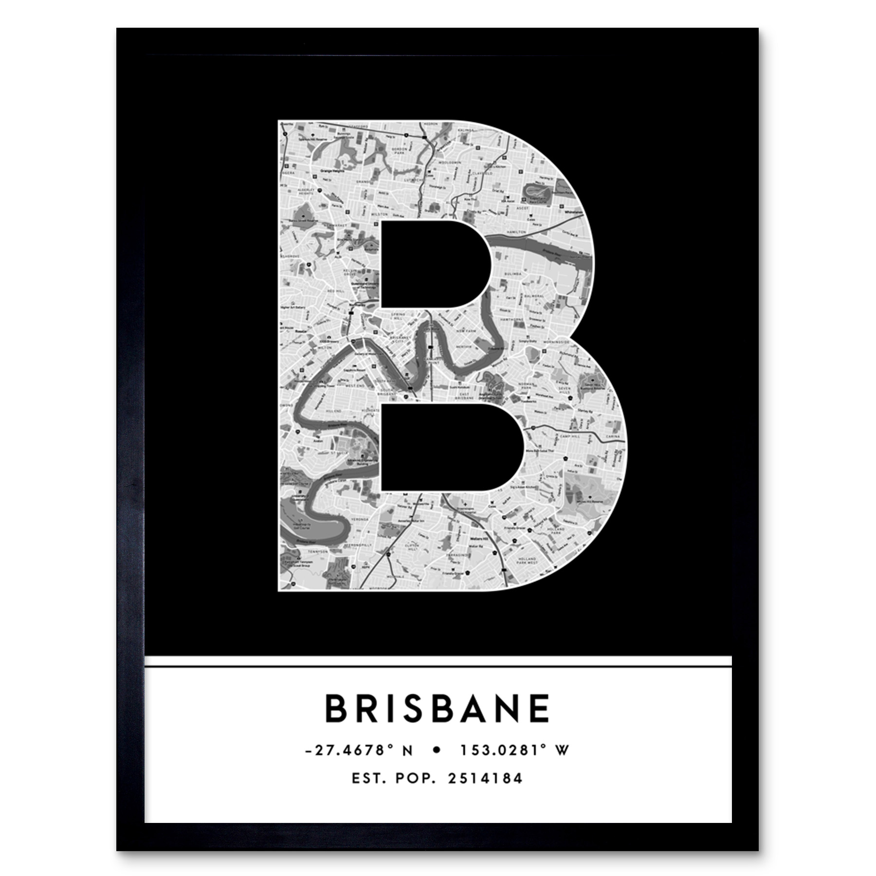 Brisbane Australia City Map Typography Framed Wall Art Print 12x16 In