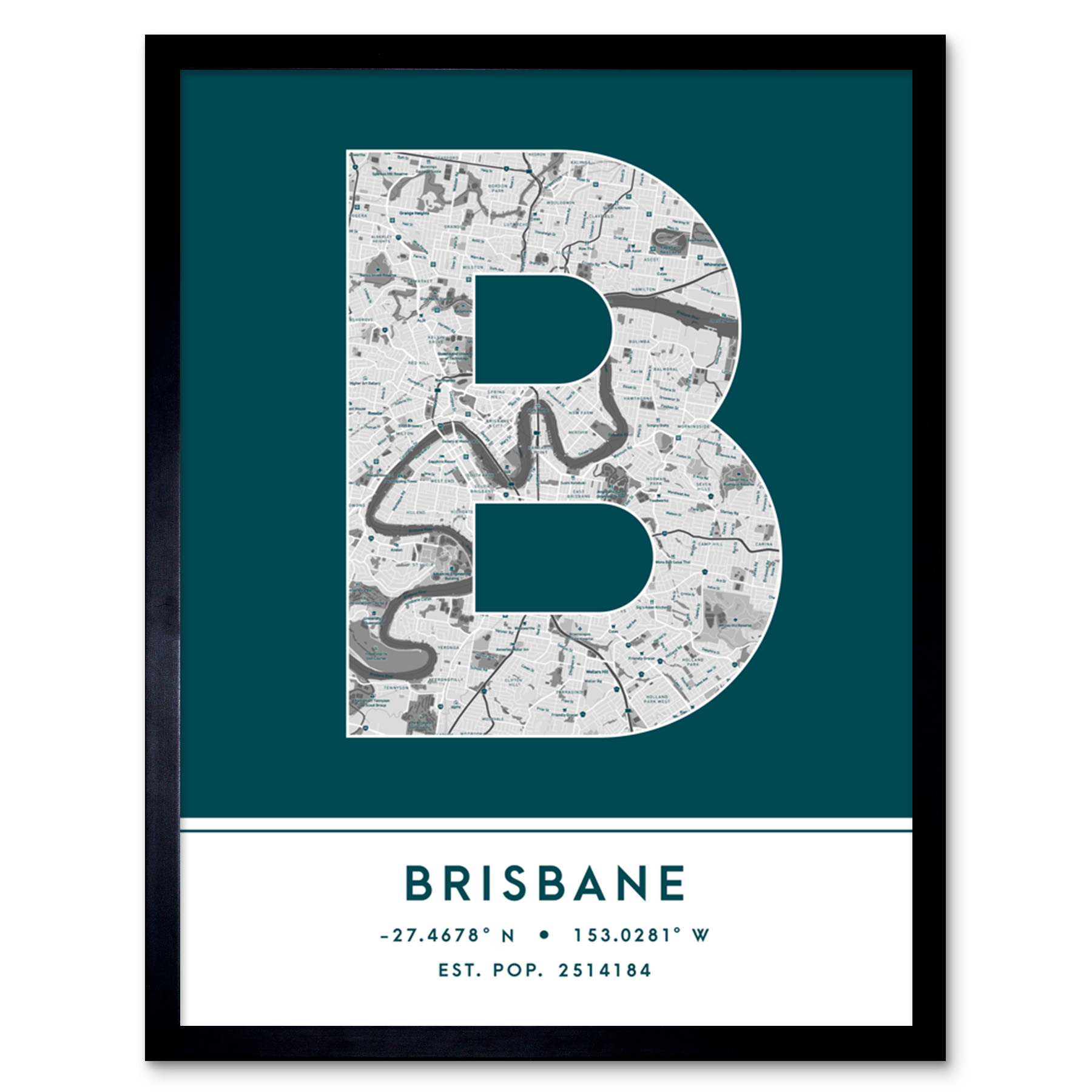 Brisbane Australia City Map Typography Framed Wall Art Print 12x16 In