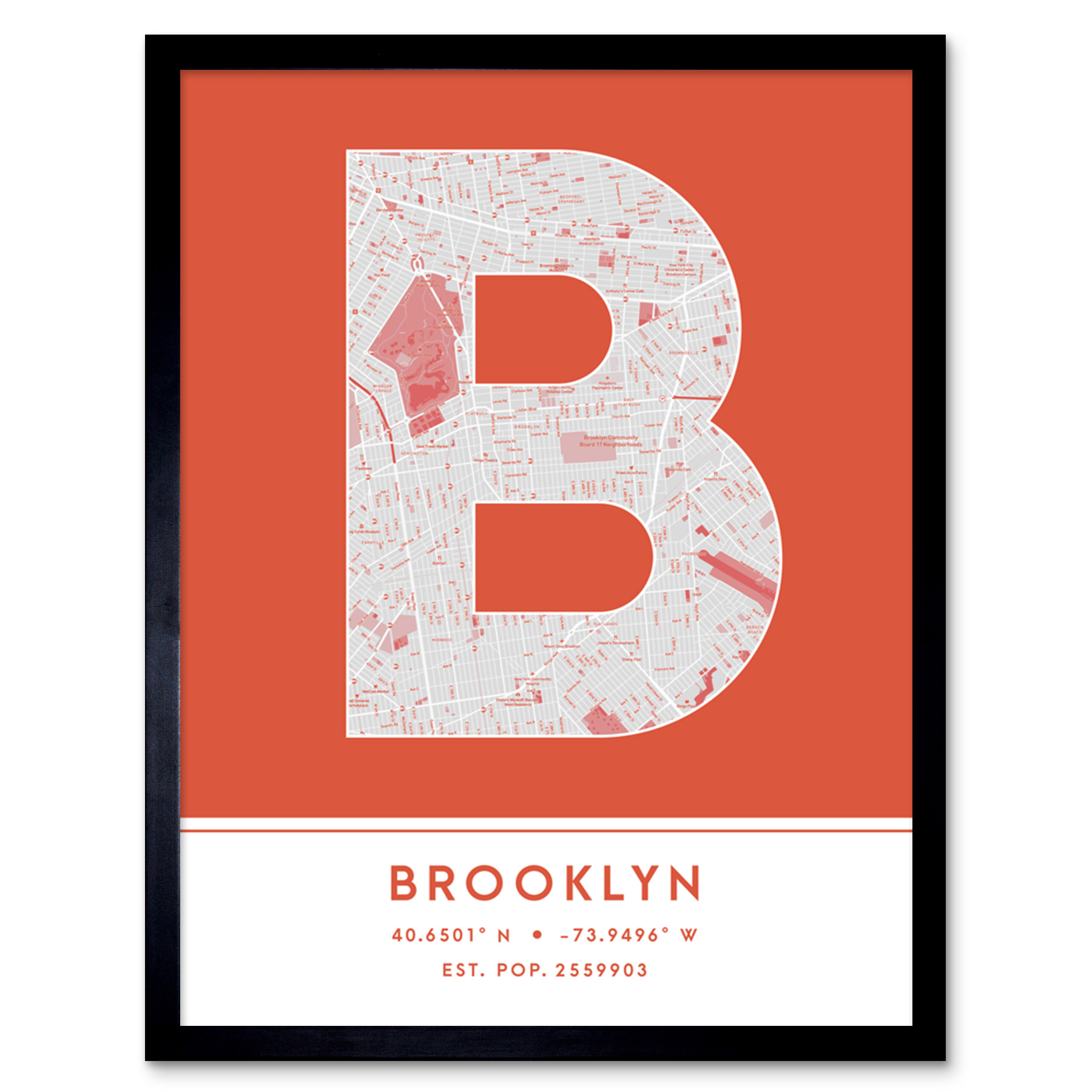 Brooklyn New York United States City Map Typography Framed Wall Art Print 12x16