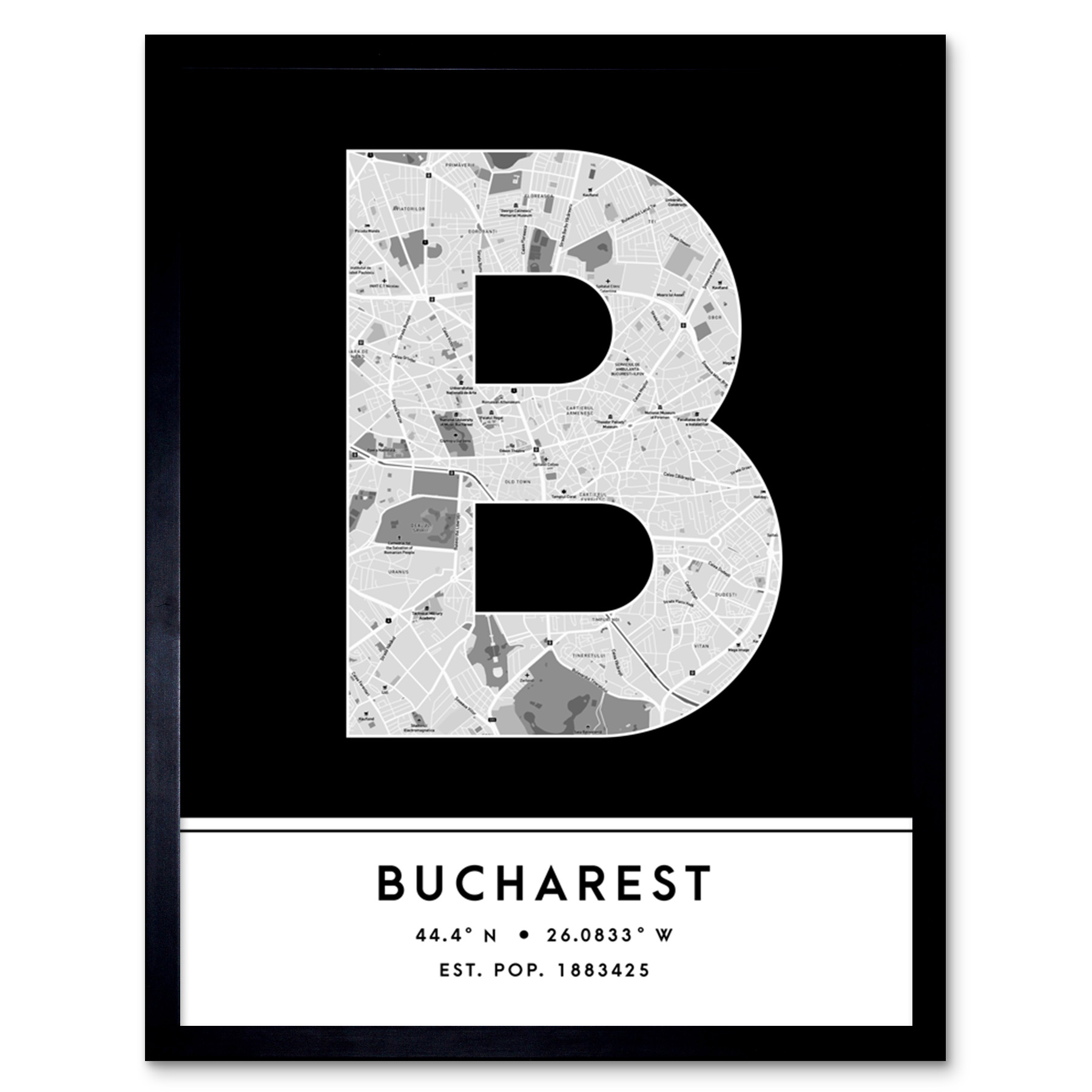 Bucharest Romania City Map Typography Framed Wall Art Print 12x16 In
