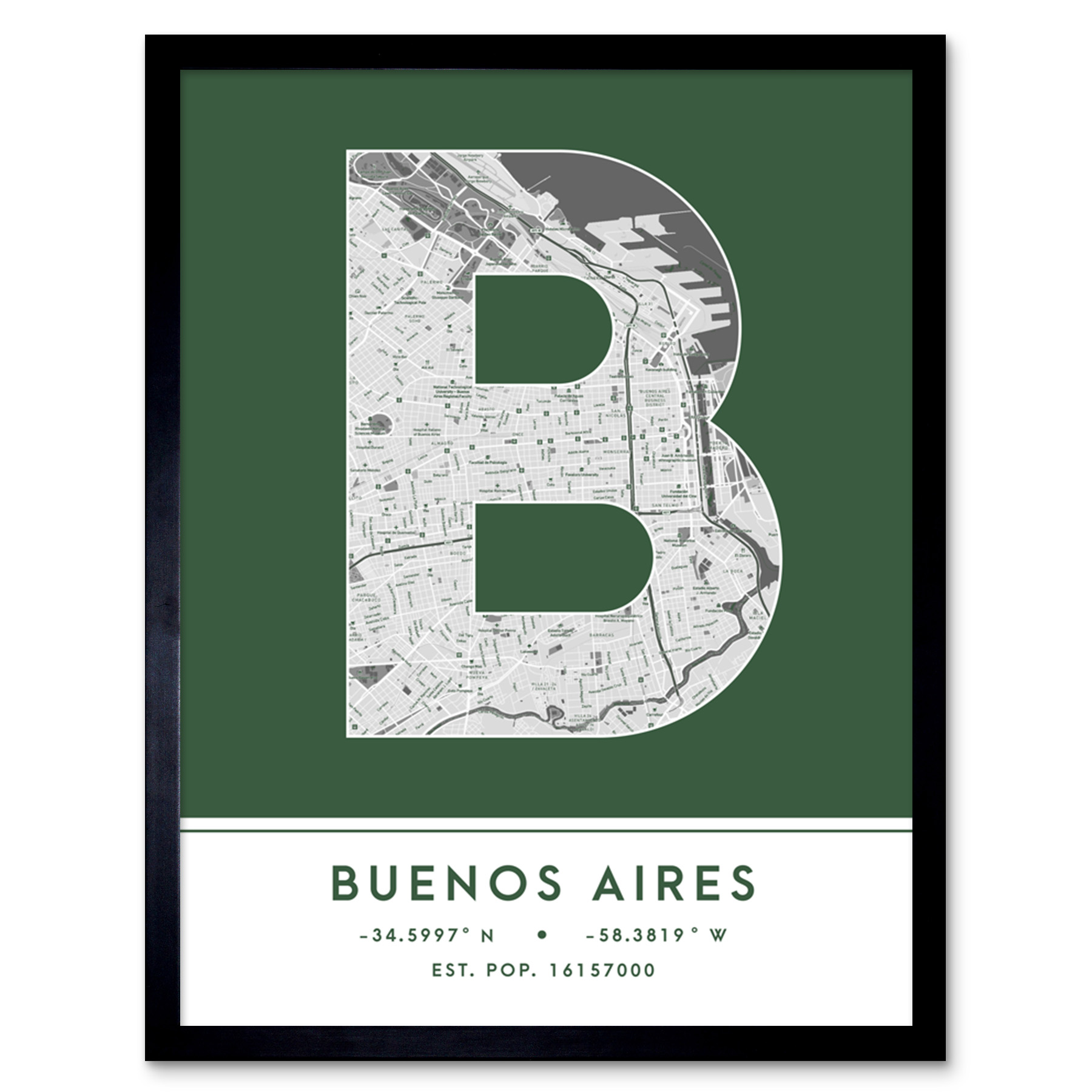 Buenos Aires Argentina City Map Typography Framed Wall Art Print 12x16 In