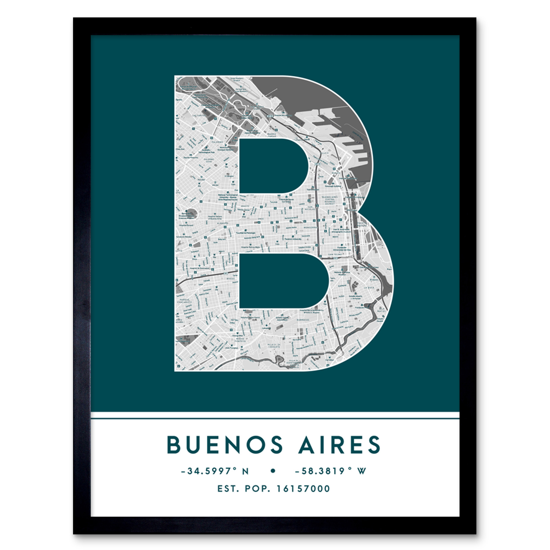 Buenos Aires Argentina City Map Typography Framed Wall Art Print 12x16 In