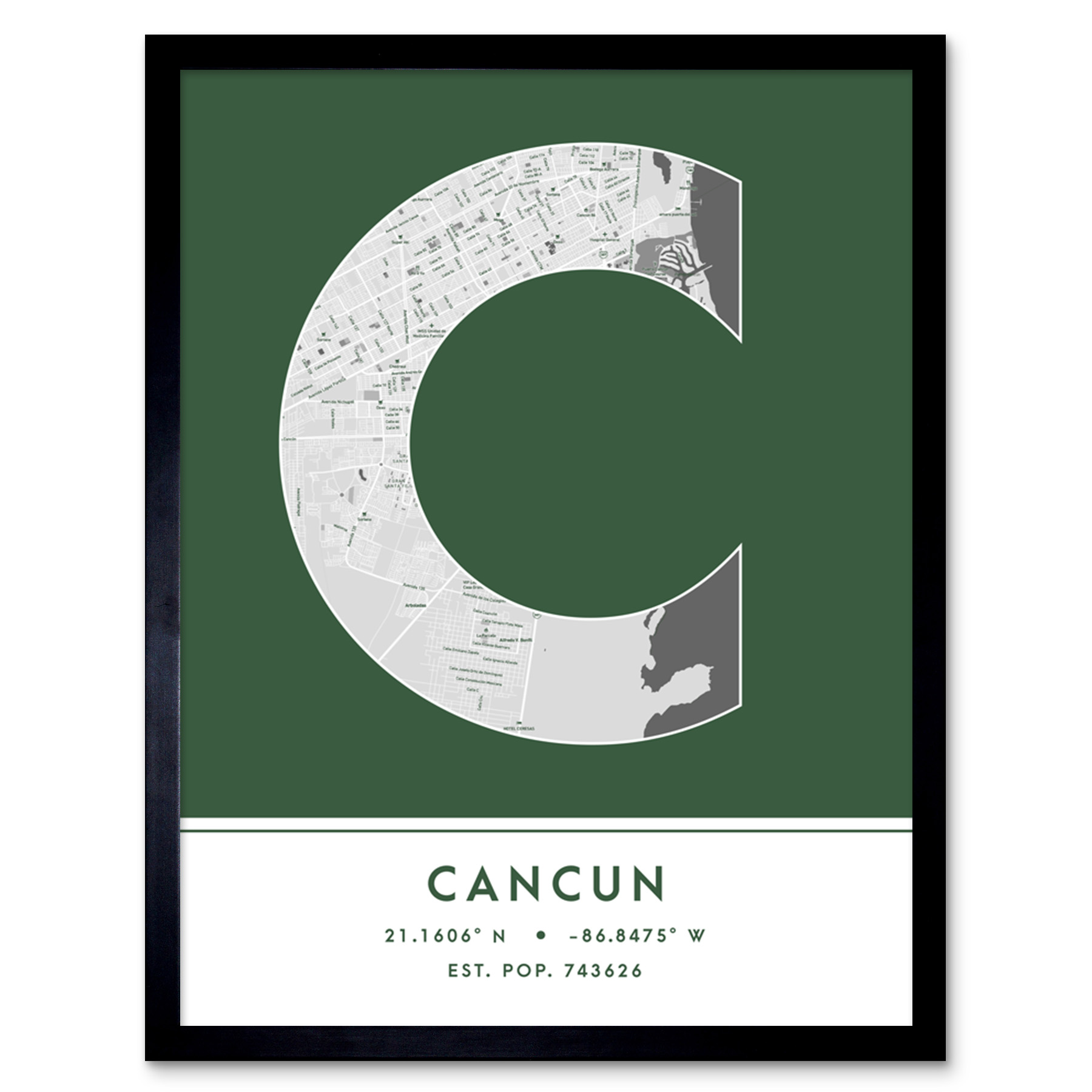 Cancun Mexico City Map Typography Framed Wall Art Print 12x16 In