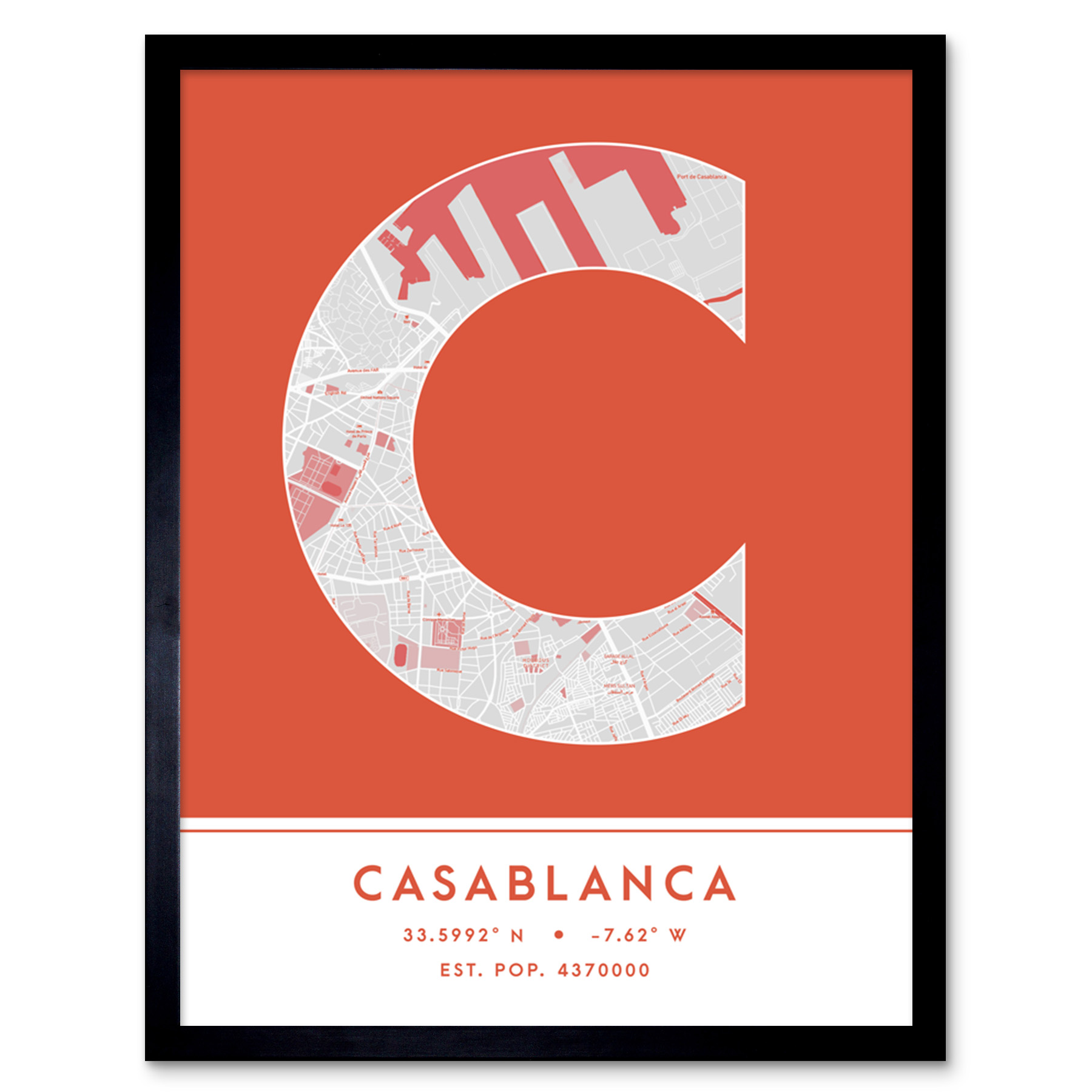 Casablanca Morocco City Map Typography Framed Wall Art Print 12x16 In