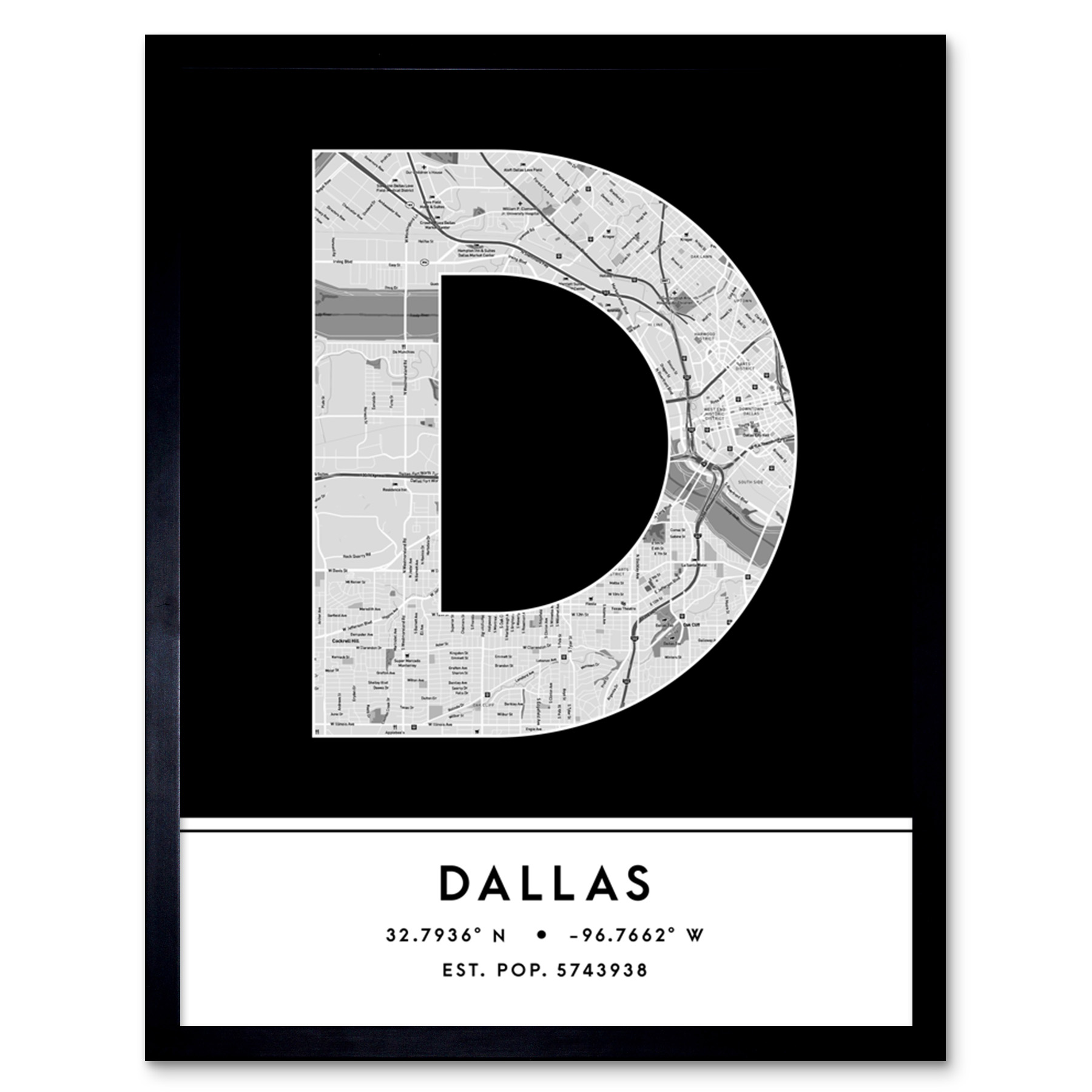 Dallas Texas United States City Map Typography Framed Wall Art Print 12x16 In
