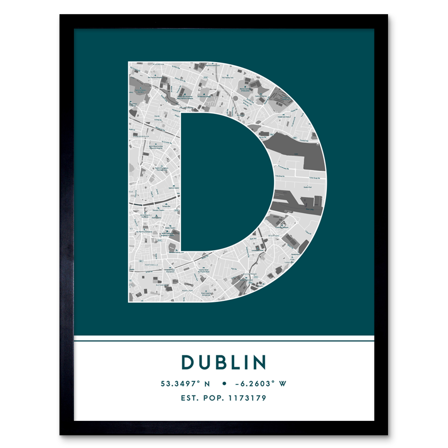 Dublin Ireland City Map Typography Framed Wall Art Print 12x16 In