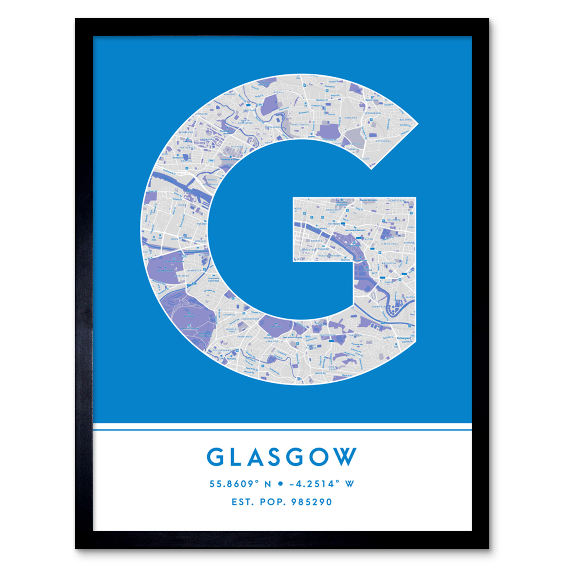 Glasgow Scotland United Kingdom City Map Typography Framed Wall Art Print 12x16