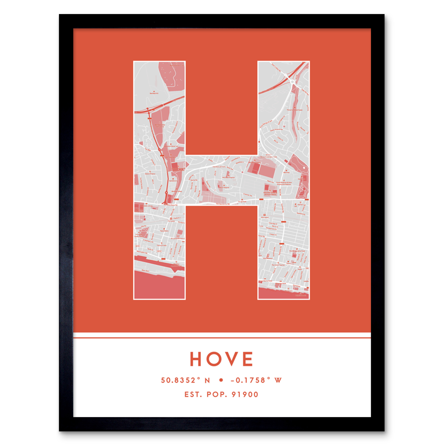 Hove England United Kingdom City Map Typography Framed Wall Art Print 12x16 In