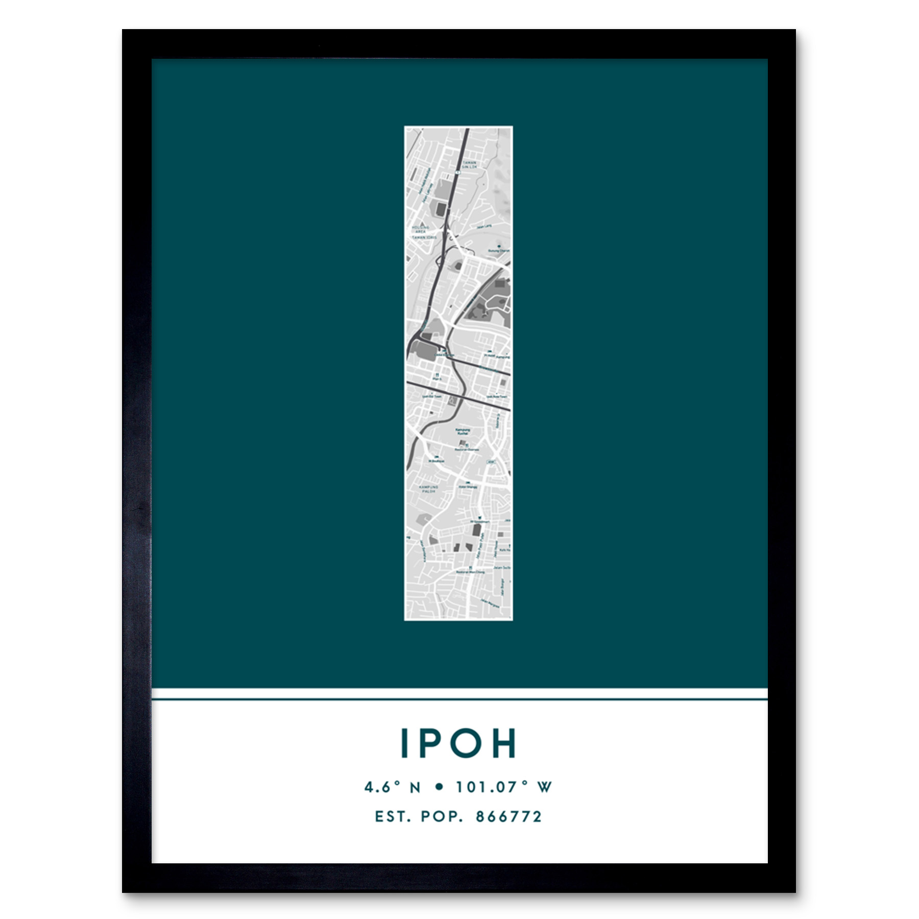 Ipoh Malaysia City Map Typography Framed Wall Art Print 12x16 In