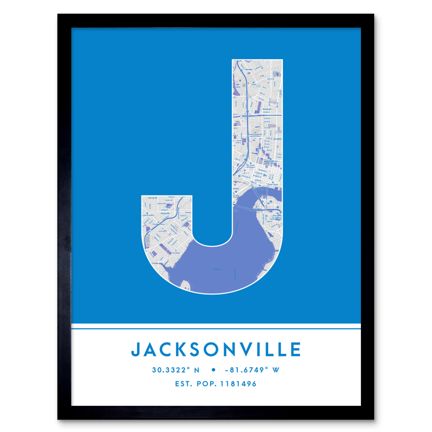 Jacksonville Florida United States City Map Typography Framed Art Print 12x16 In