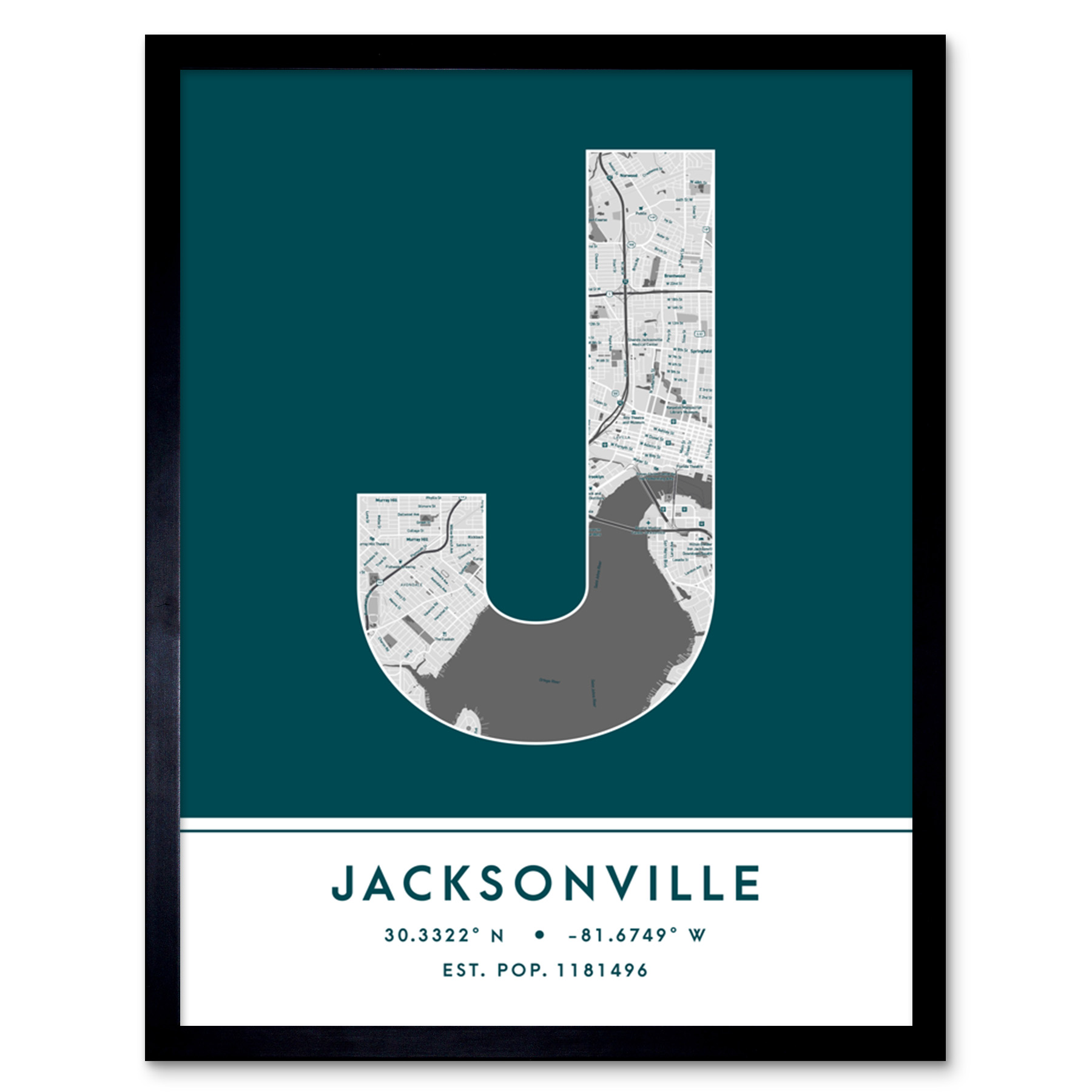 Jacksonville Florida United States City Map Typography Framed Art Print 12x16 In