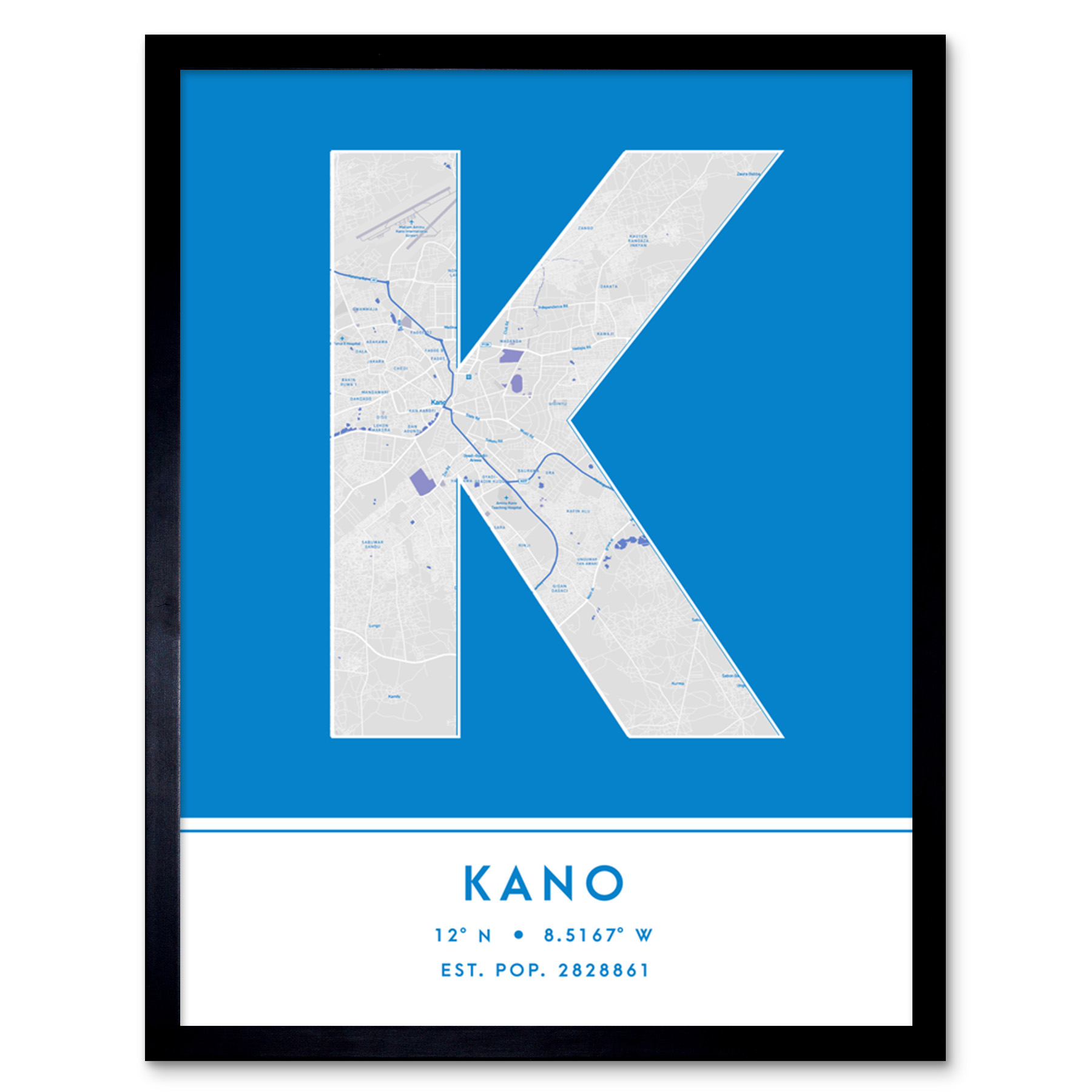 Kano Nigeria City Map Typography Framed Wall Art Print 12x16 In