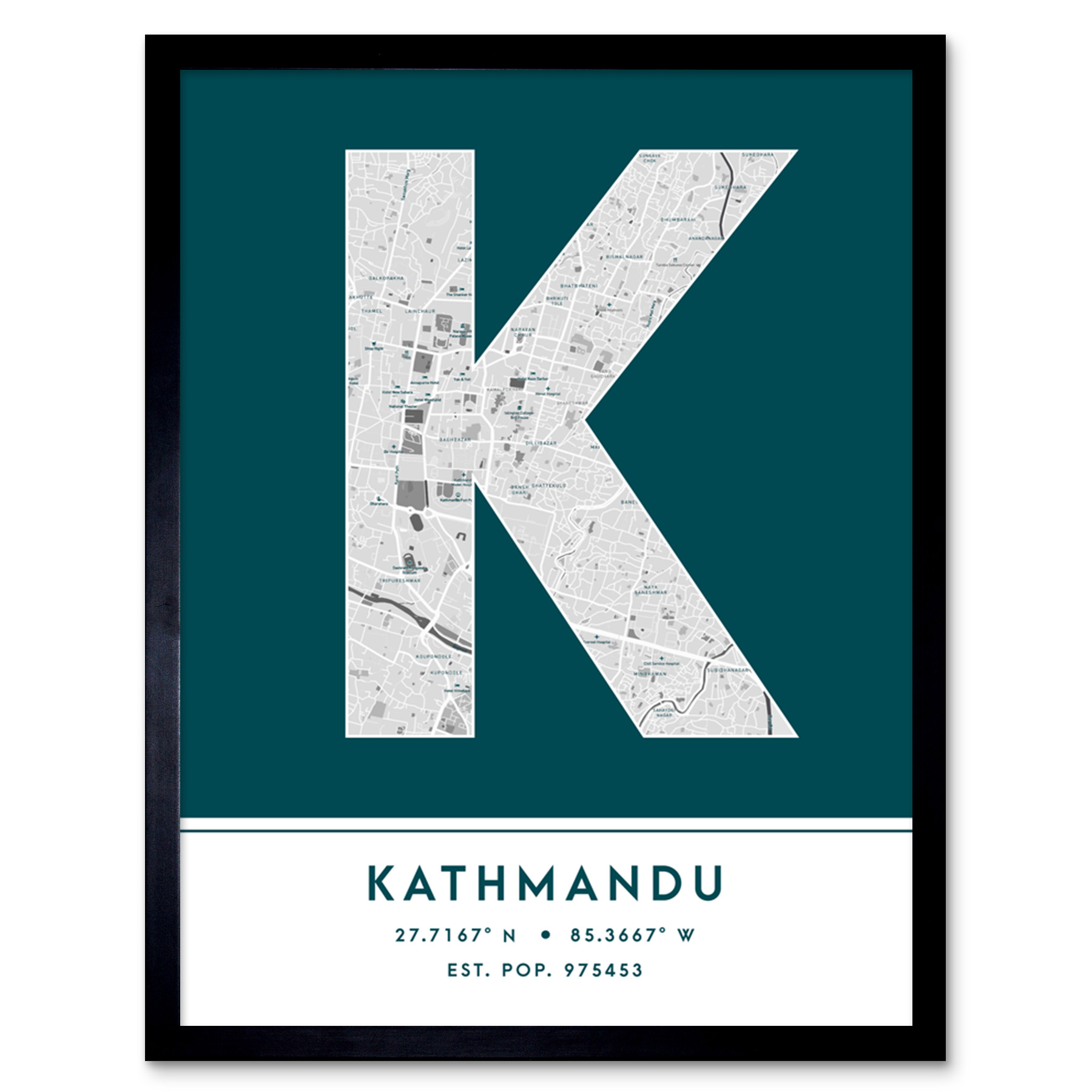 Kathmandu Nepal City Map Typography Framed Wall Art Print 12x16 In