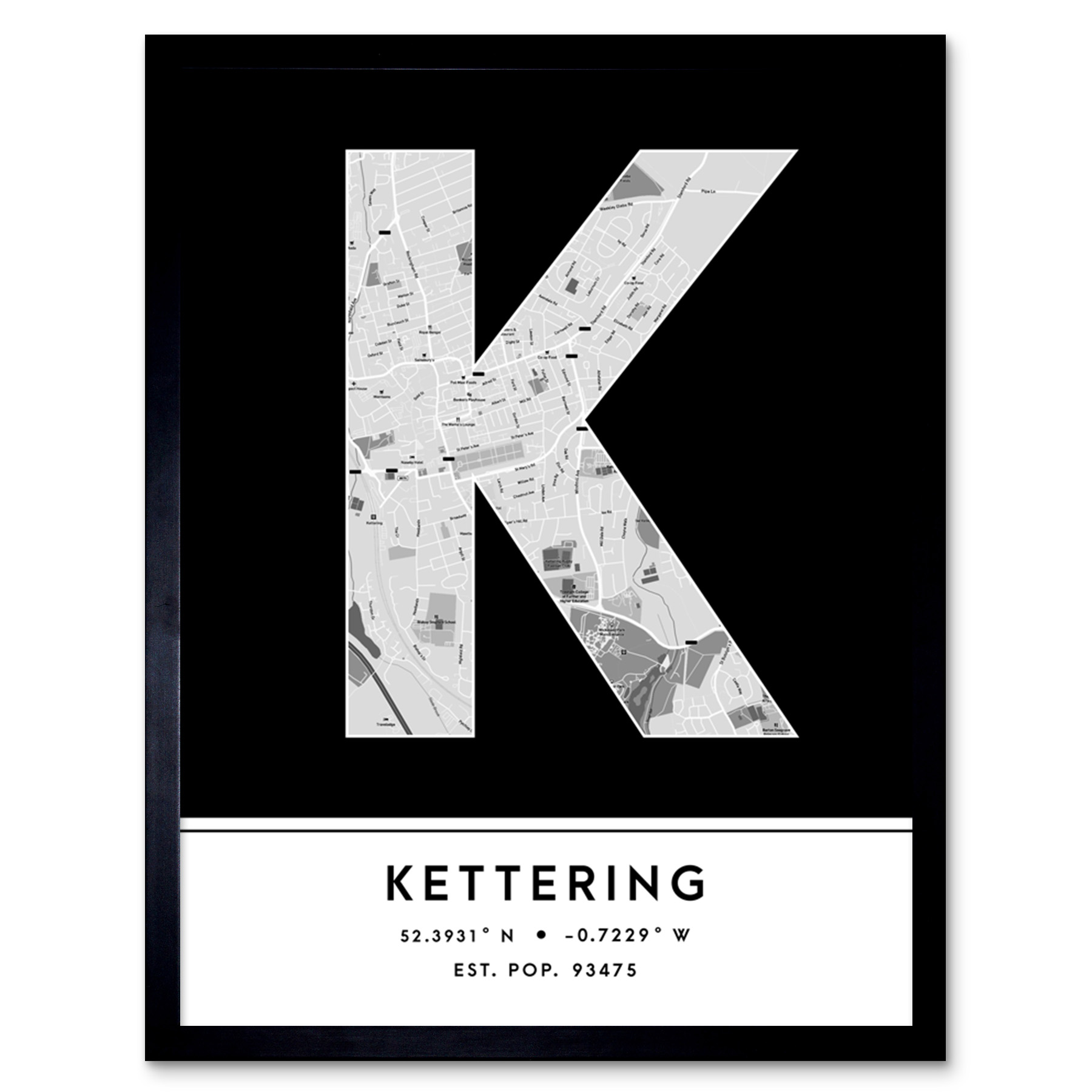 Kettering England United Kingdom City Map Typography Framed Wall Art Print 12x16